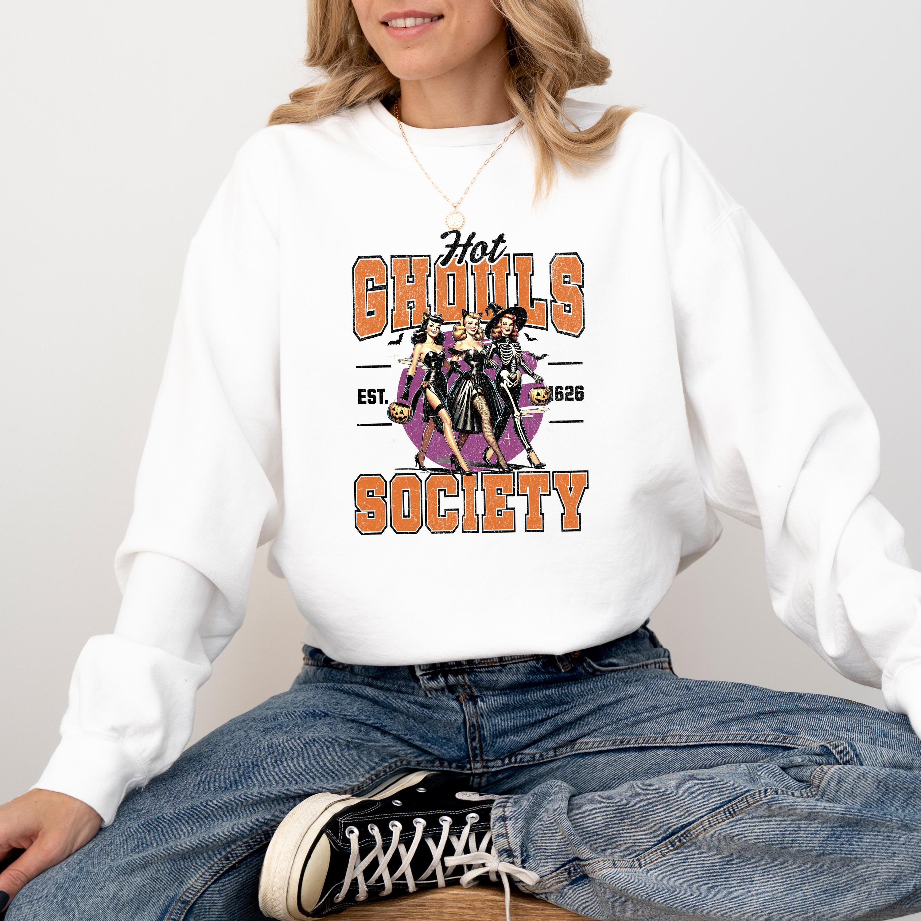 Hot Ghouls Society Comfort Colors Sweatshirt, DTG Printed Design, Fall Jack O Lantern Pumpkin, Autumn Sweater, Spooky Ghost Crewneck