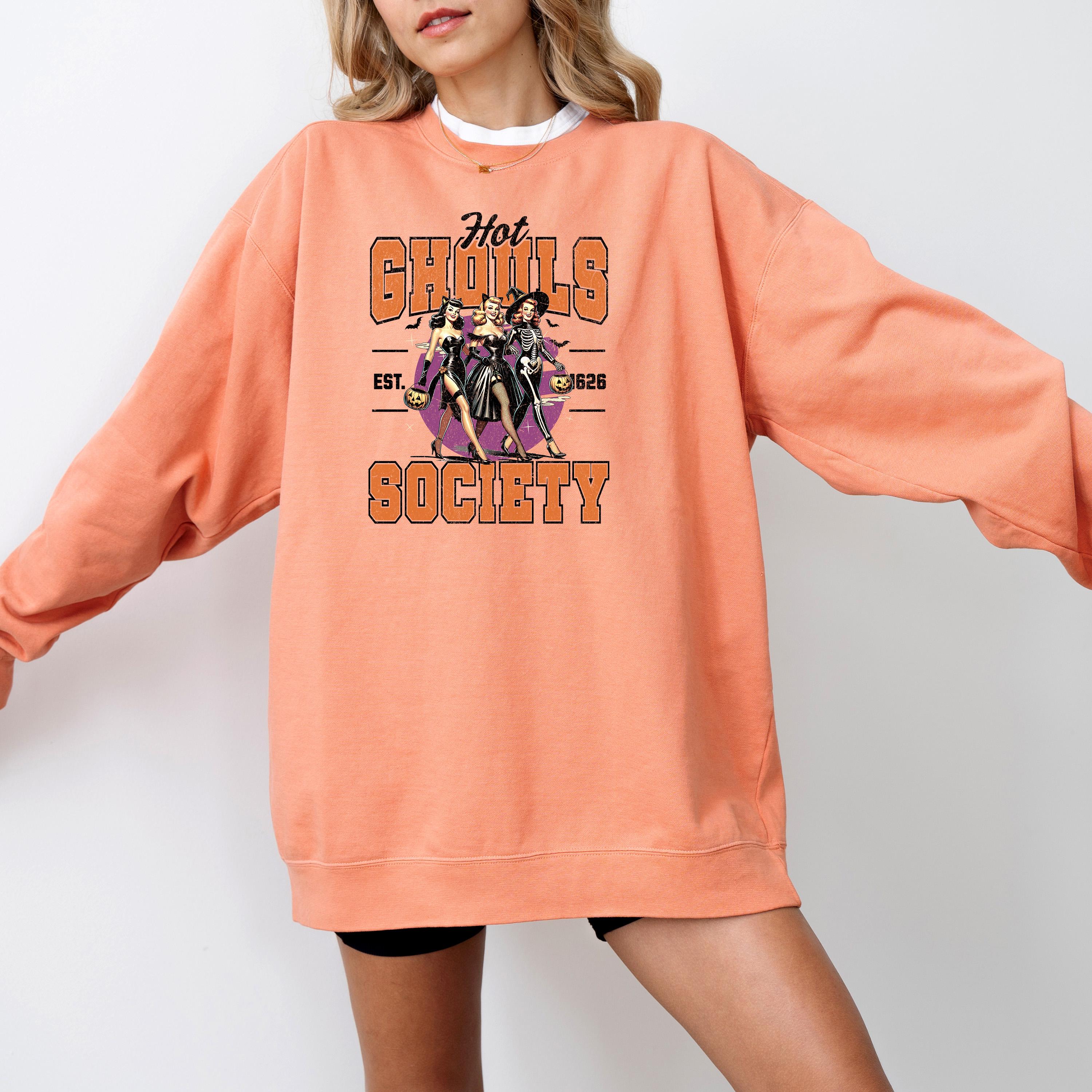 Hot Ghouls Society Comfort Colors Sweatshirt, DTG Printed Design, Fall Jack O Lantern Pumpkin, Autumn Sweater, Spooky Ghost Crewneck