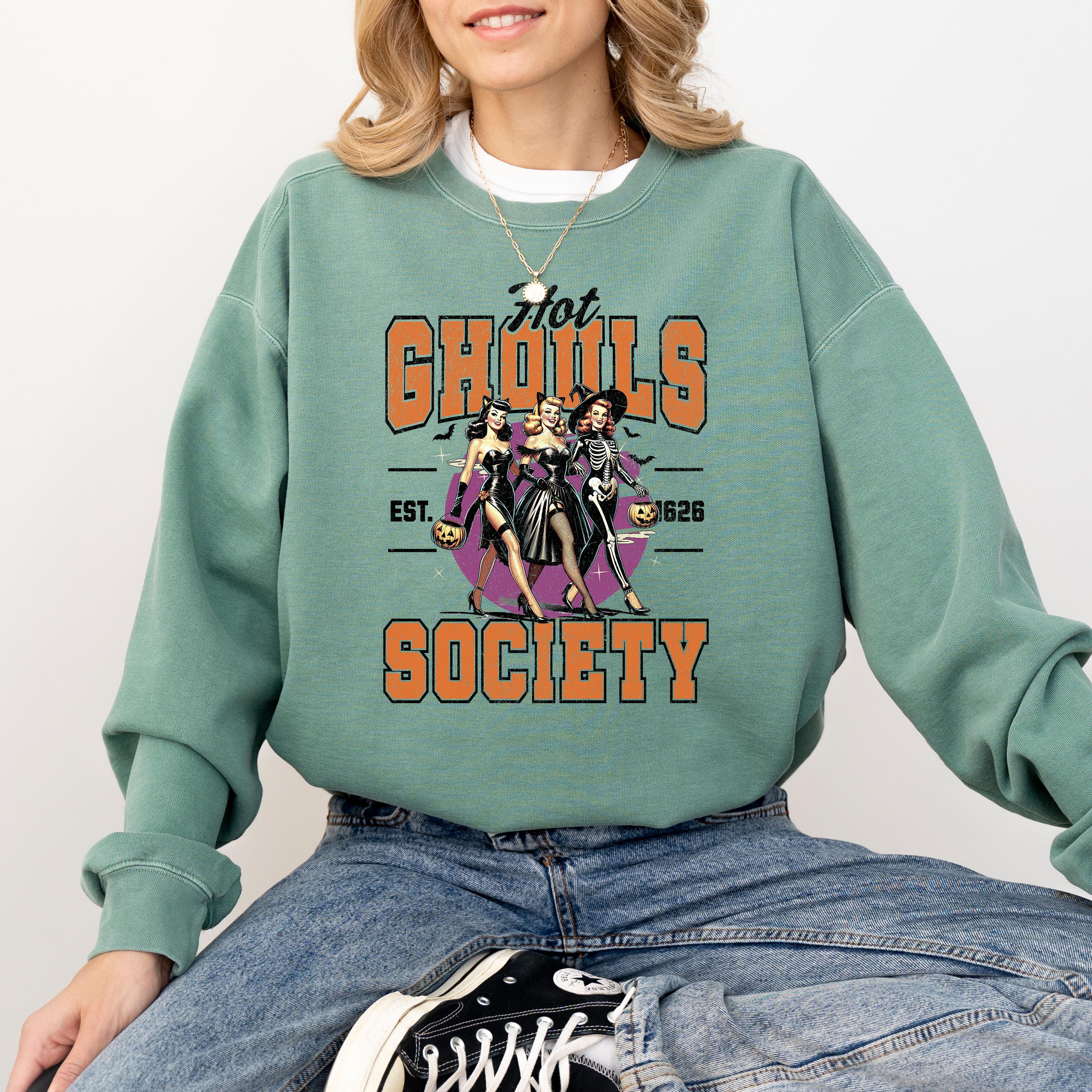 Hot Ghouls Society Comfort Colors Sweatshirt, DTG Printed Design, Fall Jack O Lantern Pumpkin, Autumn Sweater, Spooky Ghost Crewneck