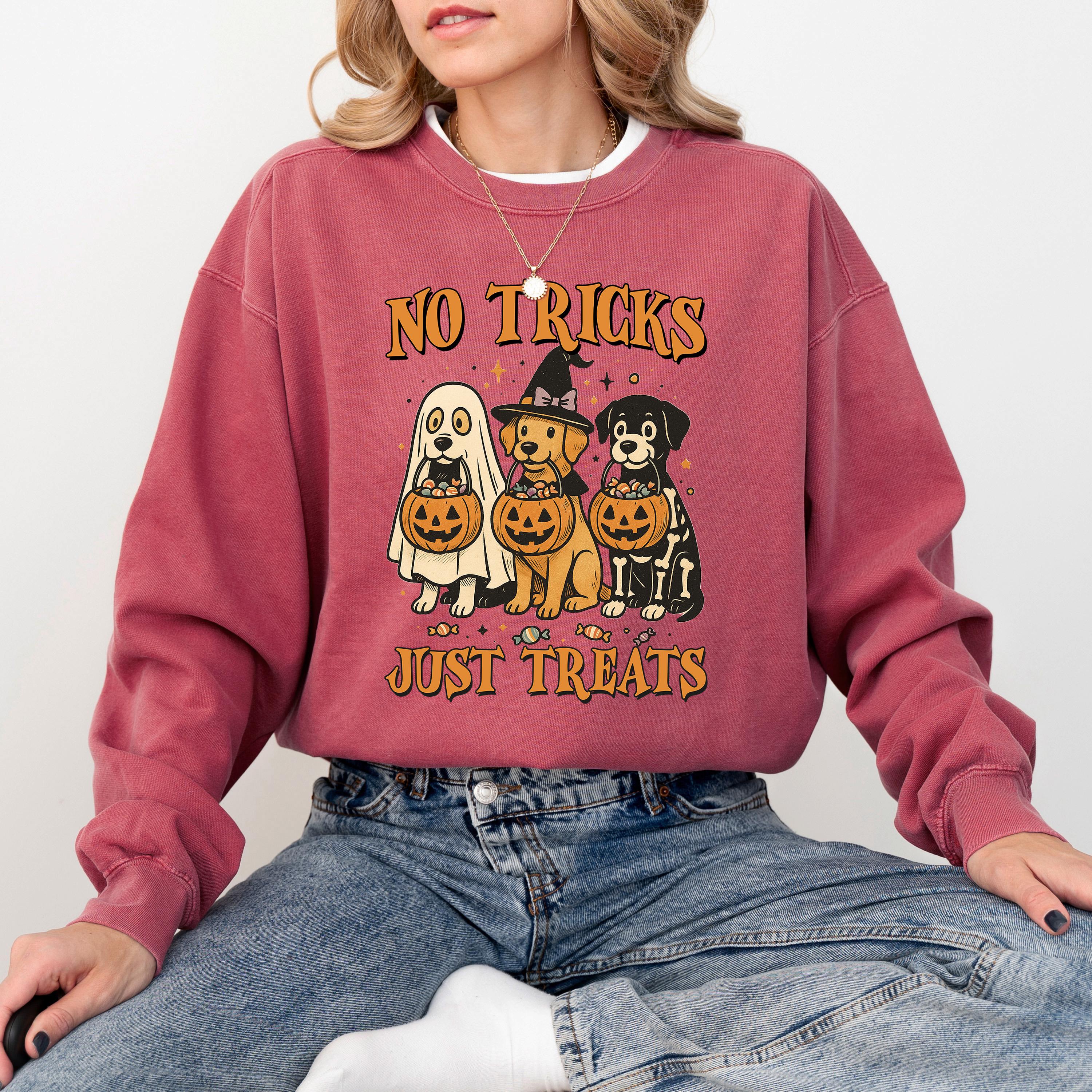 No Tricks Just Treats Comfort Colors Sweatshirt, Cute Dog Design, Fall Pumpkin, Autumn Sweater, Ghost and Witch Crewneck, Dog Mom
