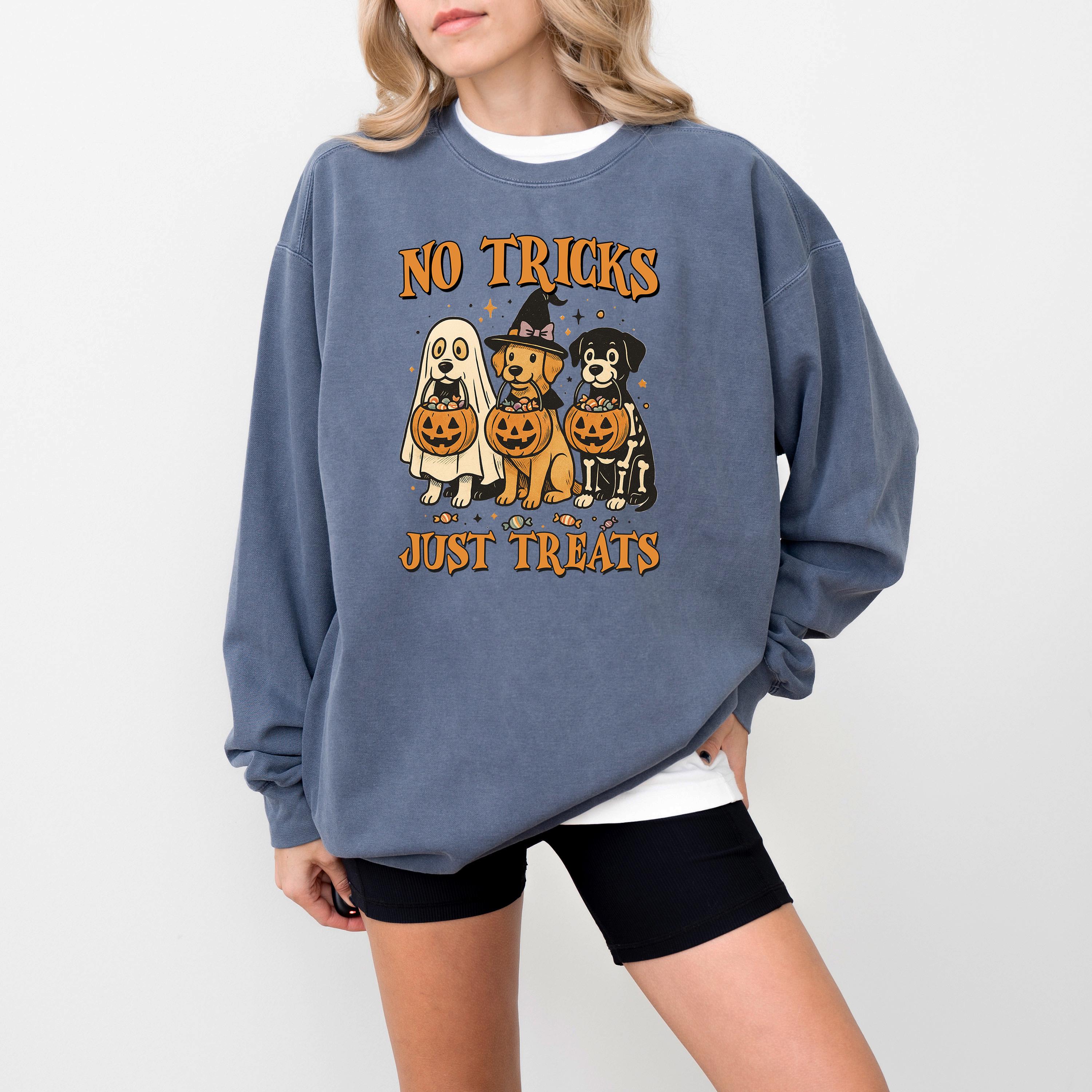 No Tricks Just Treats Comfort Colors Sweatshirt, Cute Dog Design, Fall Pumpkin, Autumn Sweater, Ghost and Witch Crewneck, Dog Mom