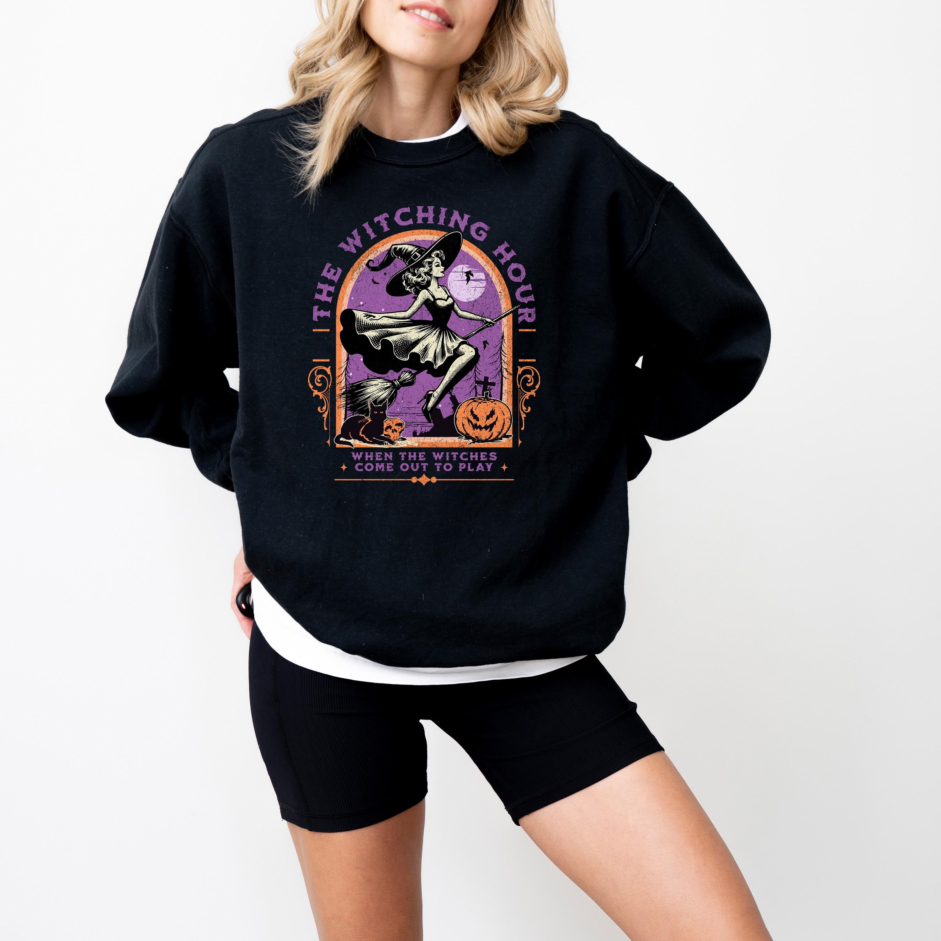 The Witching Hour Comfort Colors Sweatshirt, Witch Design, Fall Pumpkin, Autumn Sweater, Pumpkin Design, Spooky Black Cat Crew Neck,