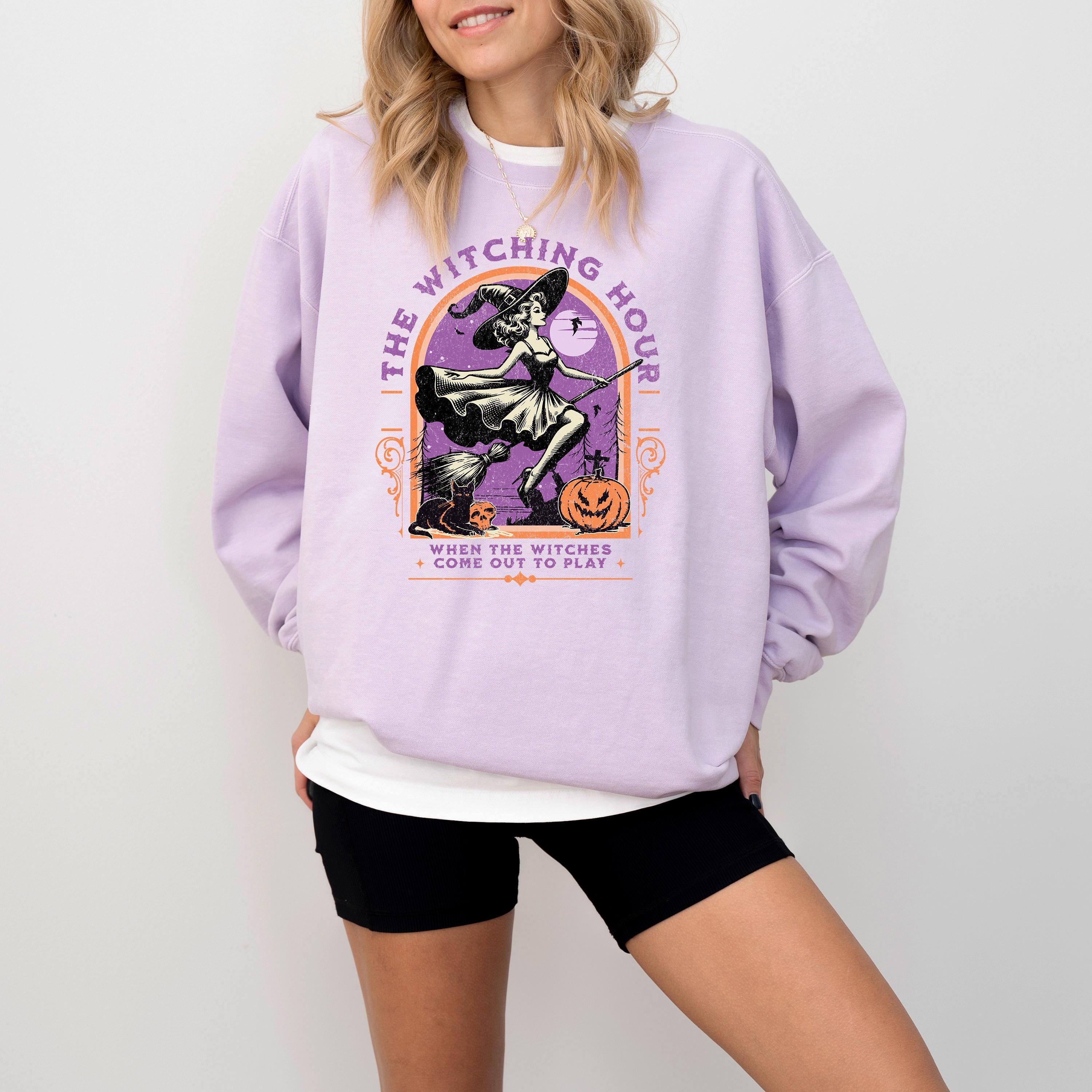 The Witching Hour Comfort Colors Sweatshirt, Witch Design, Fall Pumpkin, Autumn Sweater, Pumpkin Design, Spooky Black Cat Crew Neck,