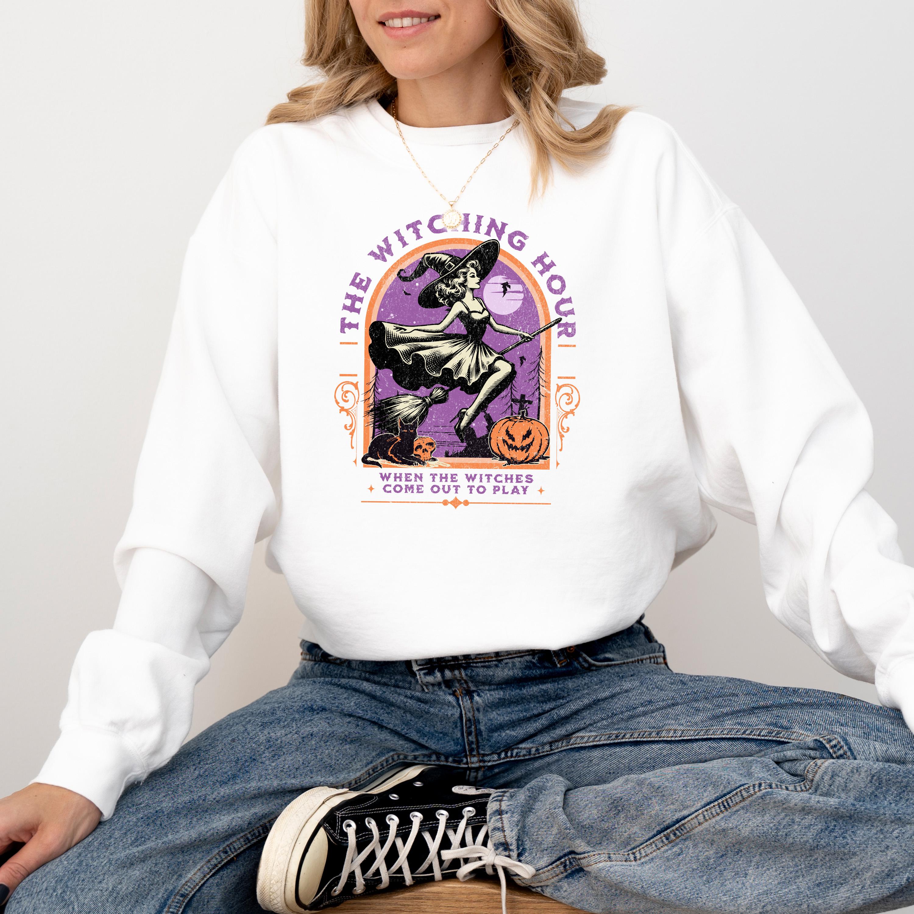 The Witching Hour Comfort Colors Sweatshirt, Witch Design, Fall Pumpkin, Autumn Sweater, Pumpkin Design, Spooky Black Cat Crew Neck,