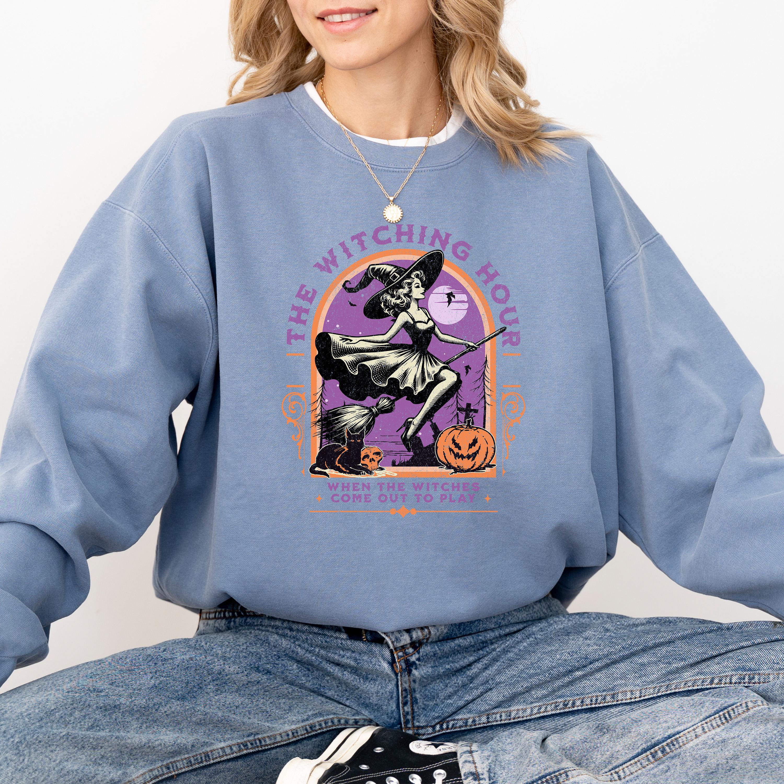 The Witching Hour Comfort Colors Sweatshirt, Witch Design, Fall Pumpkin, Autumn Sweater, Pumpkin Design, Spooky Black Cat Crew Neck,