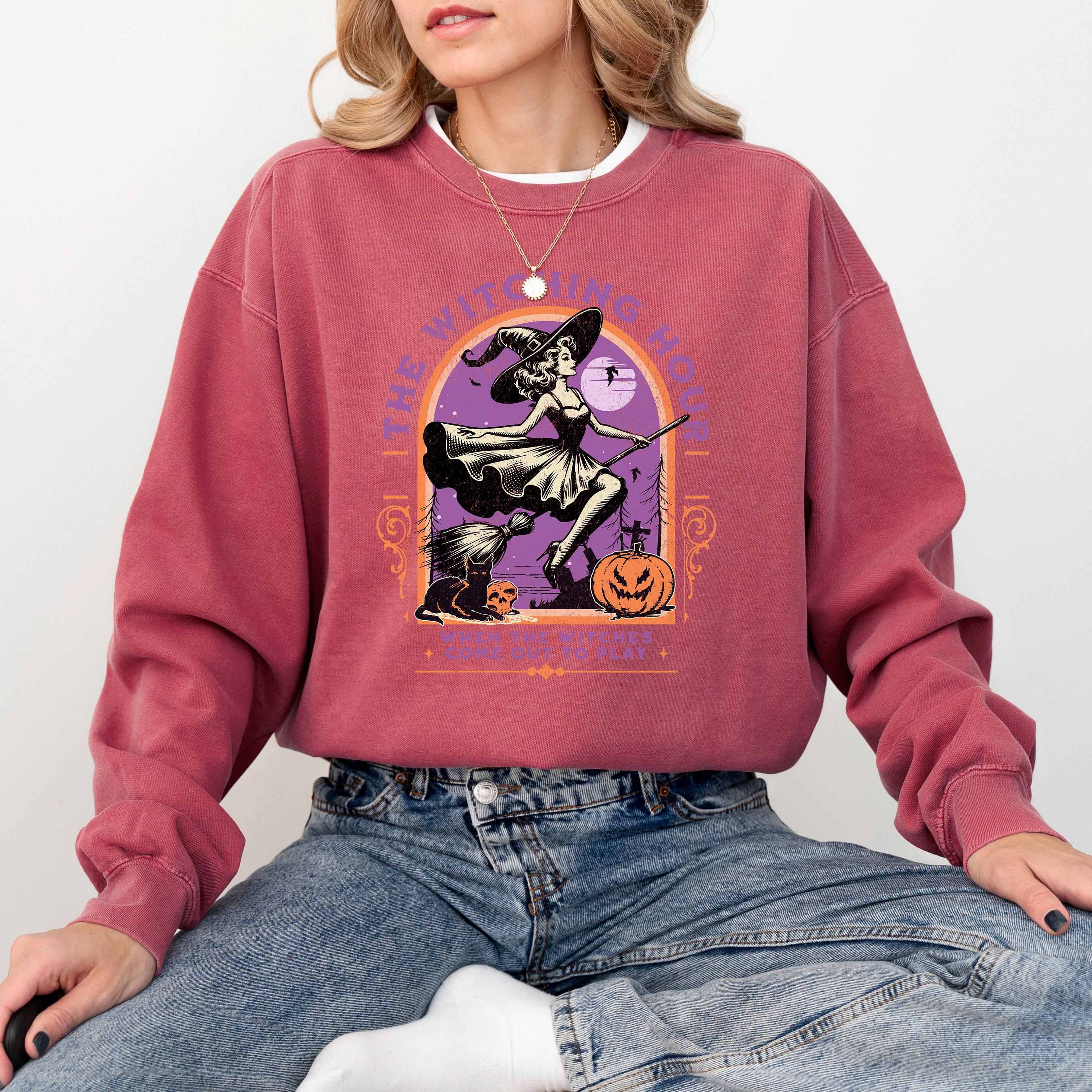 The Witching Hour Comfort Colors Sweatshirt, Witch Design, Fall Pumpkin, Autumn Sweater, Pumpkin Design, Spooky Black Cat Crew Neck,
