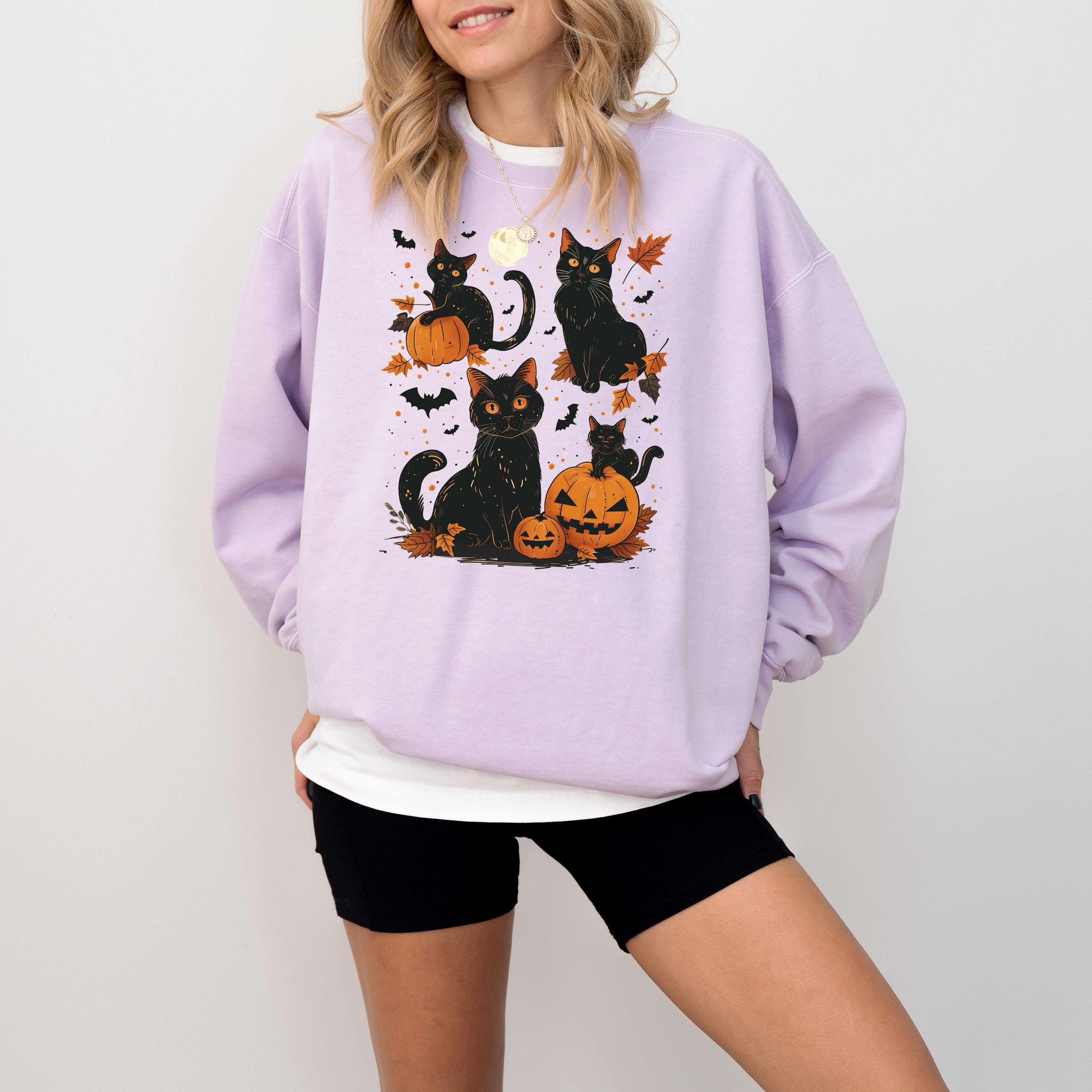 Retro Halloween Comfort Colors Sweatshirt, Black Cat Fall DTG Design, Fall Jack O' Lantern Pumpkin, Autumn Sweater, Black Cat Crewneck