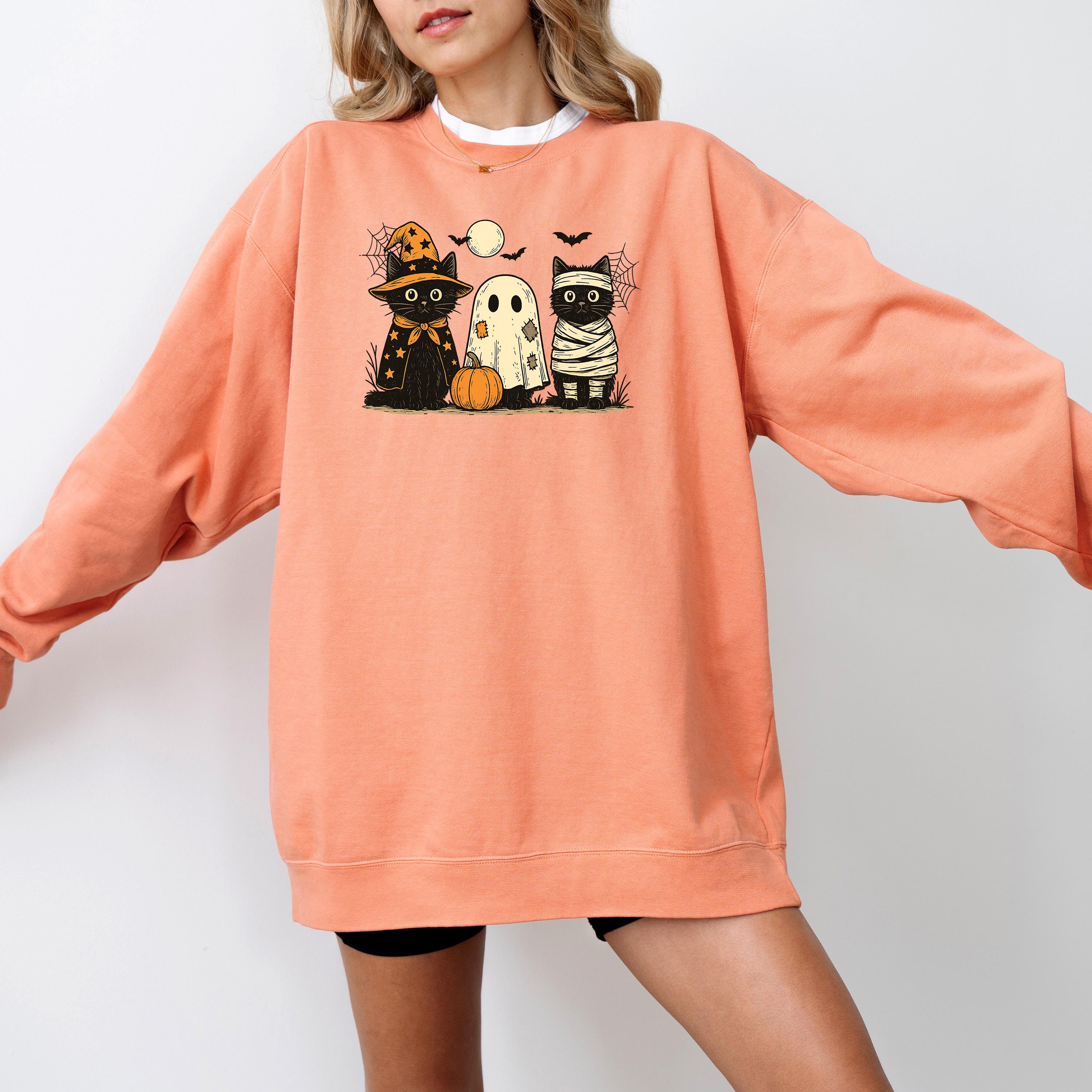 Cute Cat Halloween Comfort Colors Sweatshirt, Black Cat Fall DTG Design, Fall Jack O' Lantern Pumpkin, Autumn Sweater, Witch Ghost Crewneck