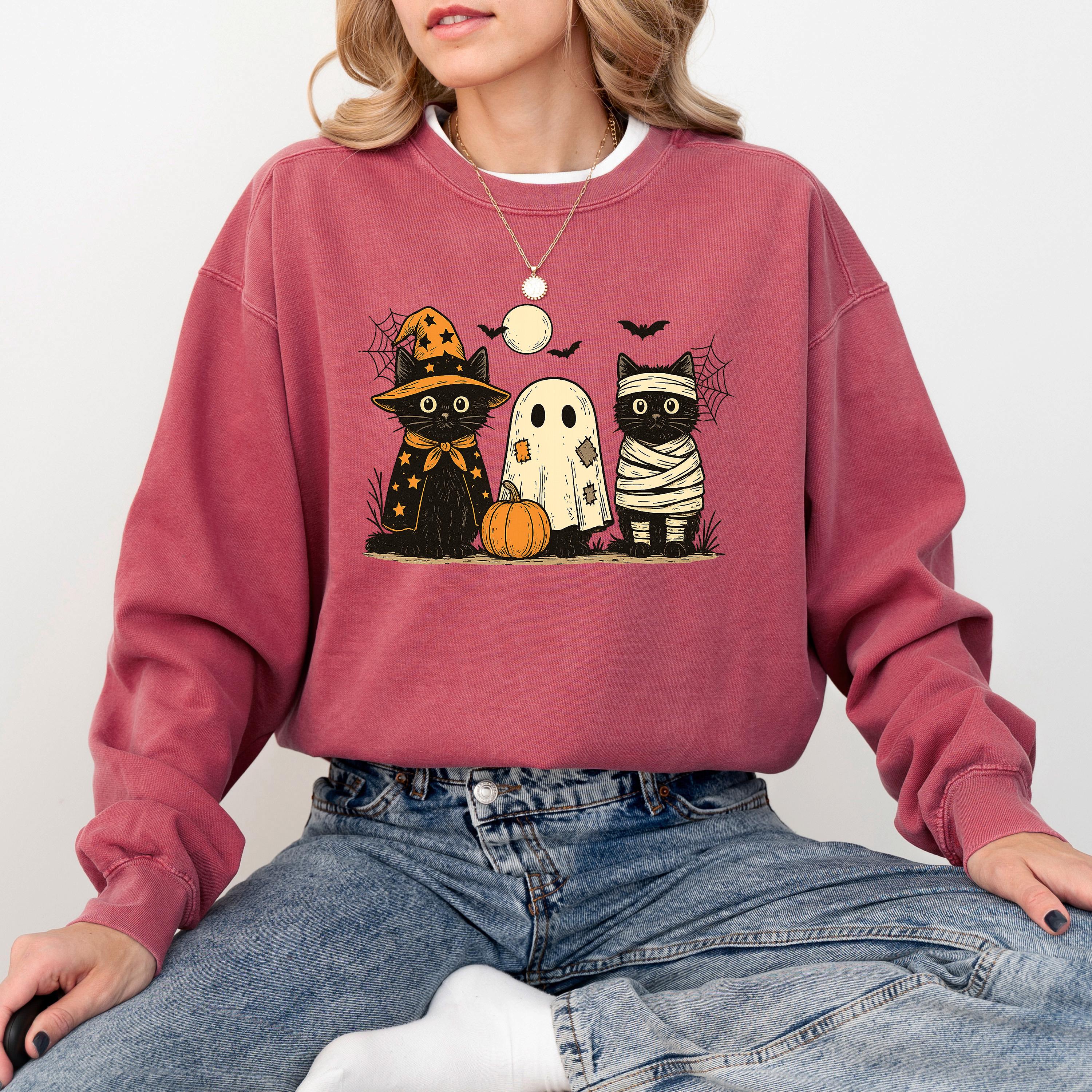 Cute Cat Halloween Comfort Colors Sweatshirt, Black Cat Fall DTG Design, Fall Jack O' Lantern Pumpkin, Autumn Sweater, Witch Ghost Crewneck