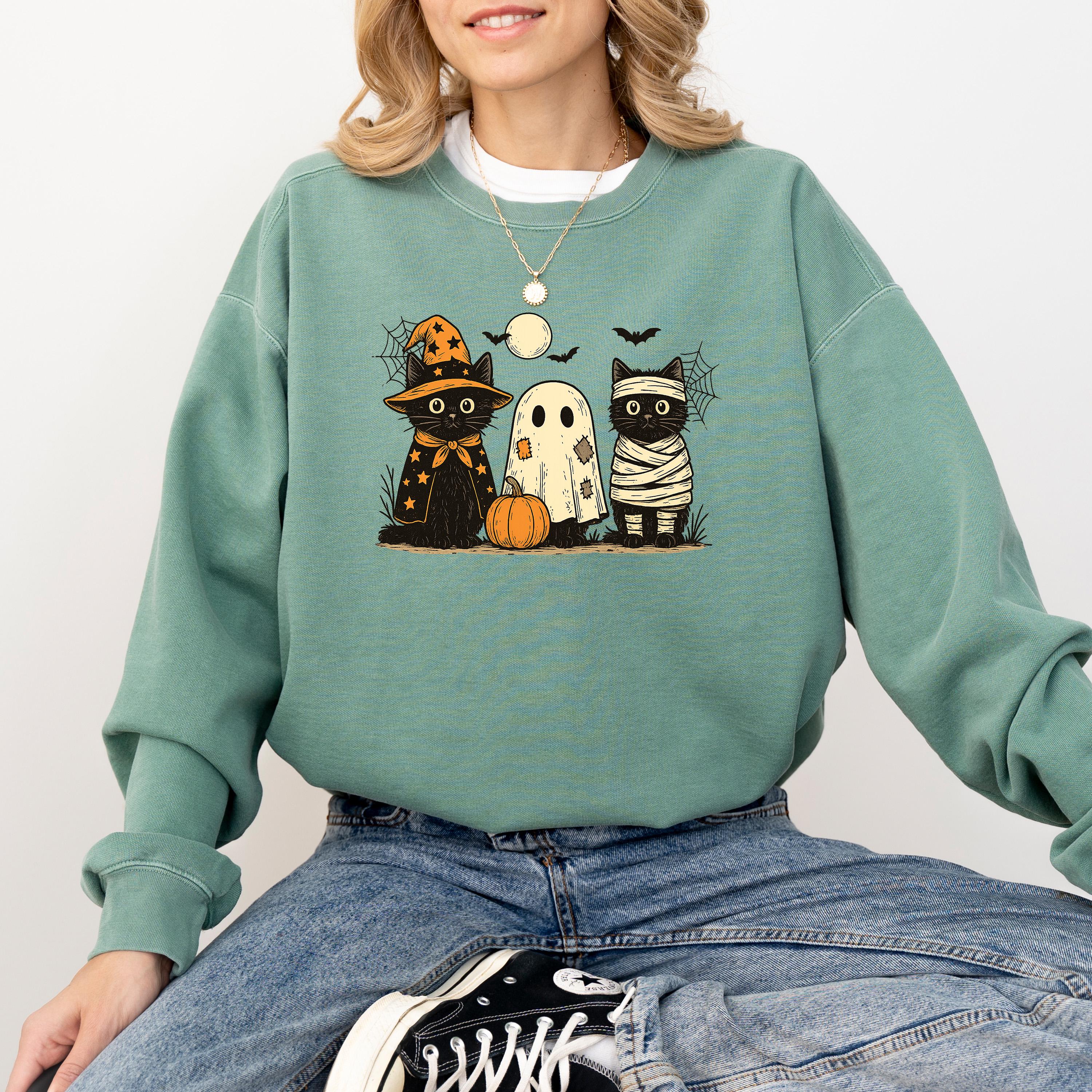 Cute Cat Halloween Comfort Colors Sweatshirt, Black Cat Fall DTG Design, Fall Jack O' Lantern Pumpkin, Autumn Sweater, Witch Ghost Crewneck