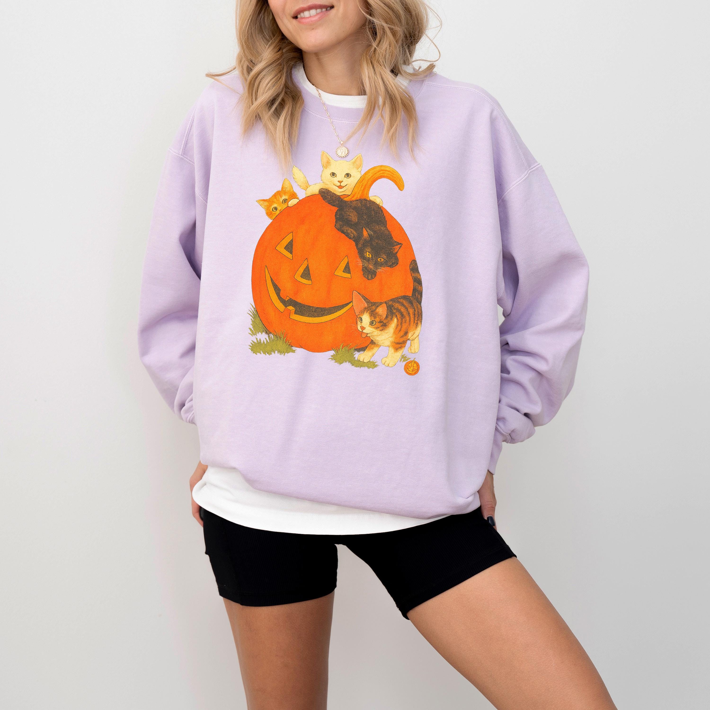 Retro Cat Halloween Comfort Colors Sweatshirt, Black Cat Fall DTG Design, Jack O' Lantern Pumpkin, Autumn Sweater, 90's Vintage Crewneck