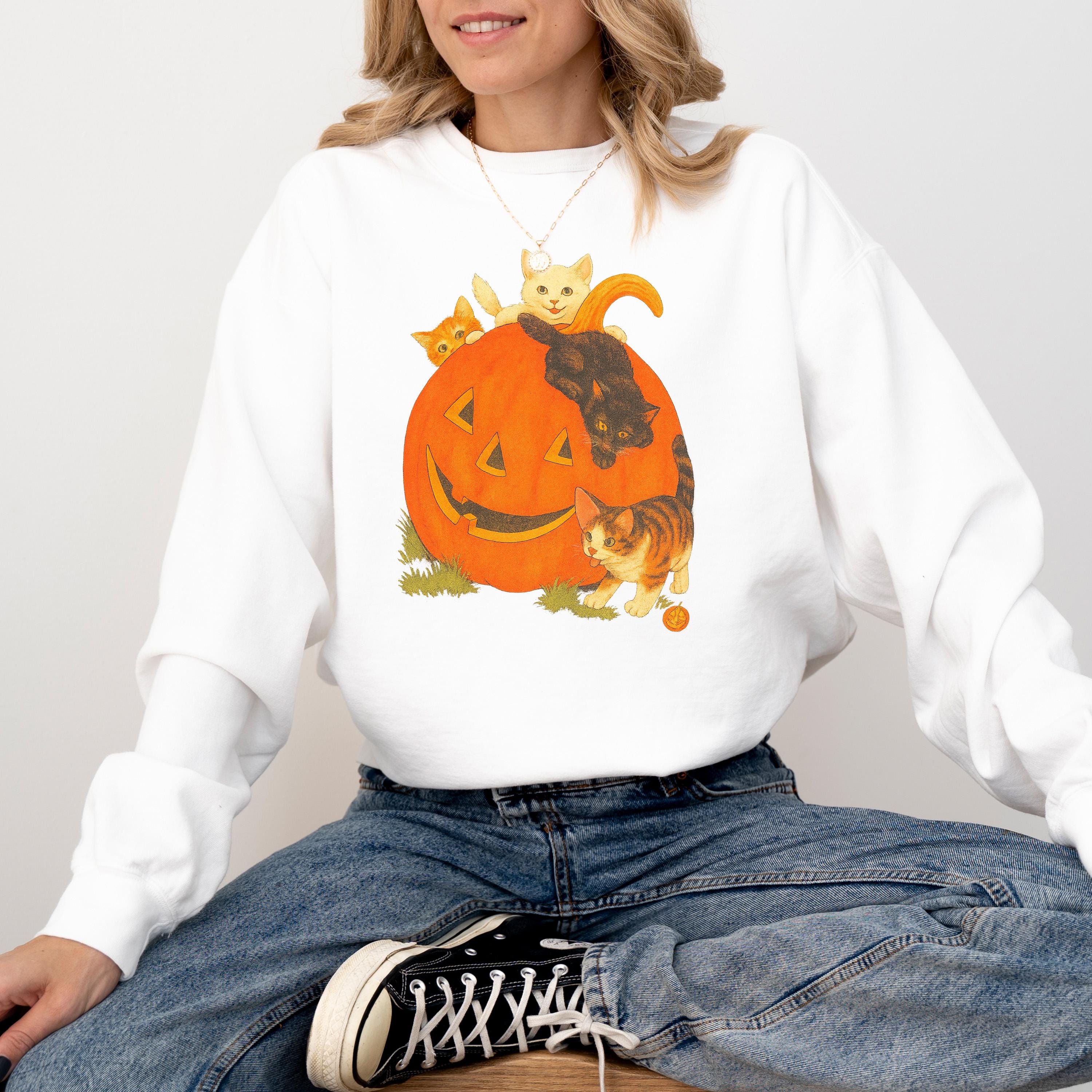 Retro Cat Halloween Comfort Colors Sweatshirt, Black Cat Fall DTG Design, Jack O' Lantern Pumpkin, Autumn Sweater, 90's Vintage Crewneck