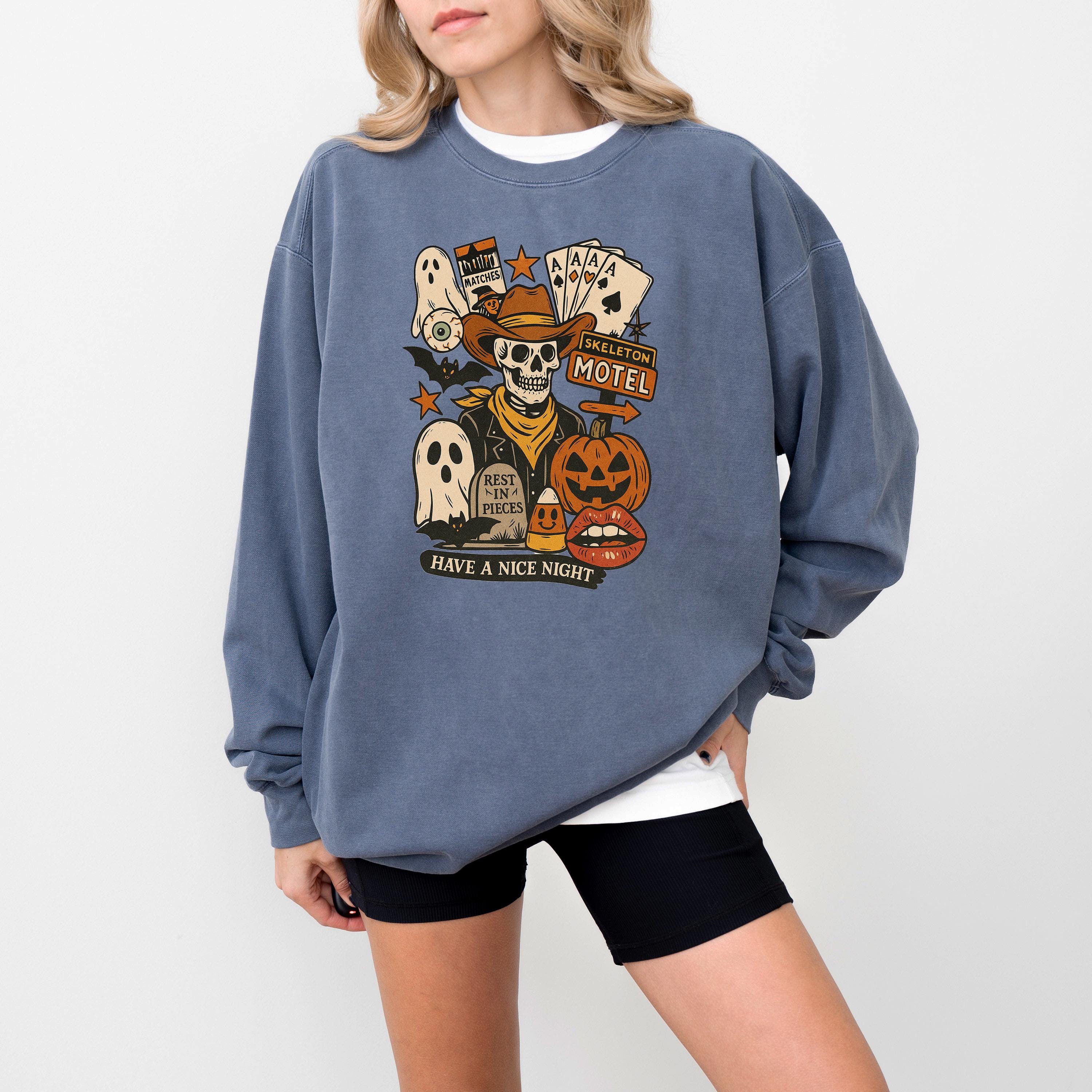Western Halloween Comfort Colors Sweatshirt, Fall DTG Design, Jack O' Lantern Pumpkin, Autumn Sweater, Cowboy Skeleton Motel Crewneck