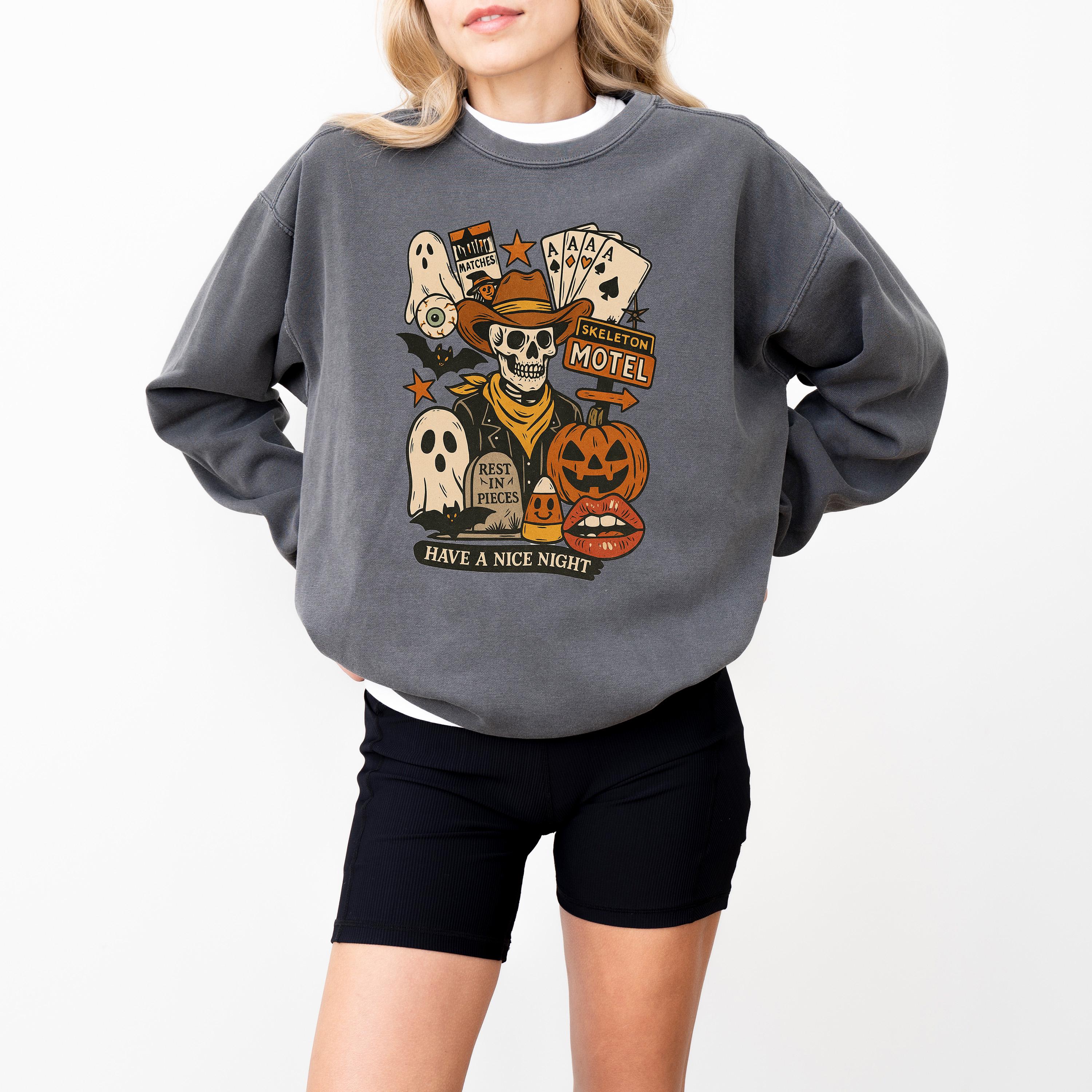 Western Halloween Comfort Colors Sweatshirt, Fall DTG Design, Jack O' Lantern Pumpkin, Autumn Sweater, Cowboy Skeleton Motel Crewneck