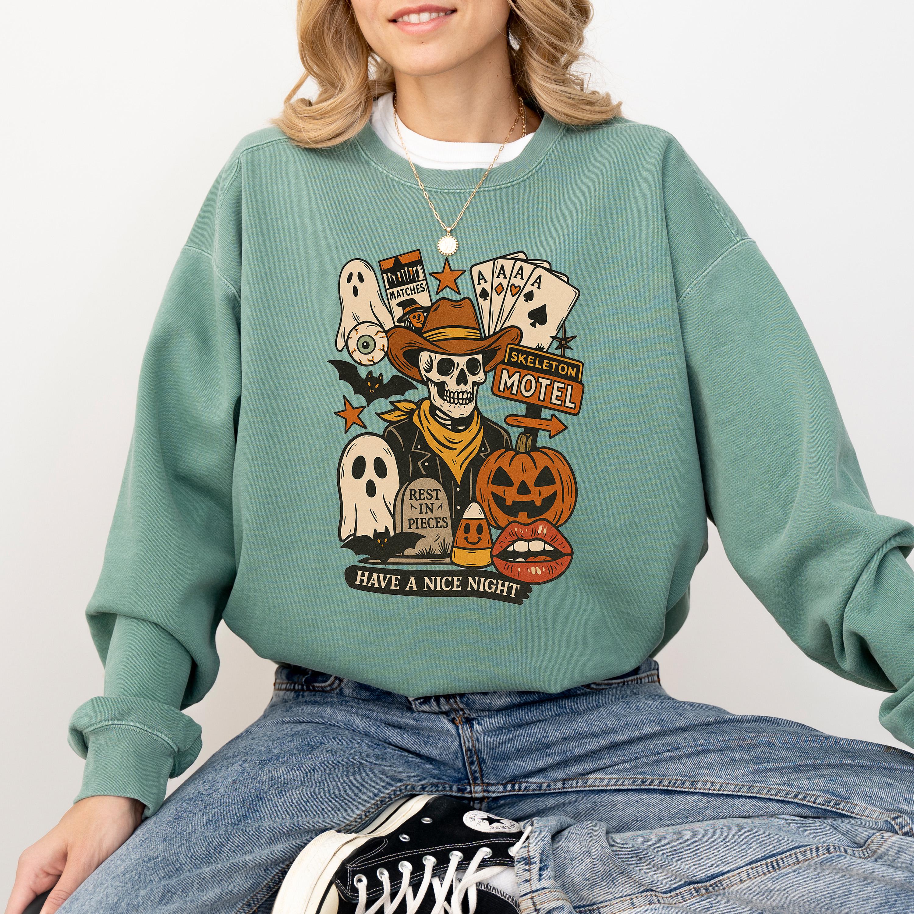 Western Halloween Comfort Colors Sweatshirt, Fall DTG Design, Jack O' Lantern Pumpkin, Autumn Sweater, Cowboy Skeleton Motel Crewneck