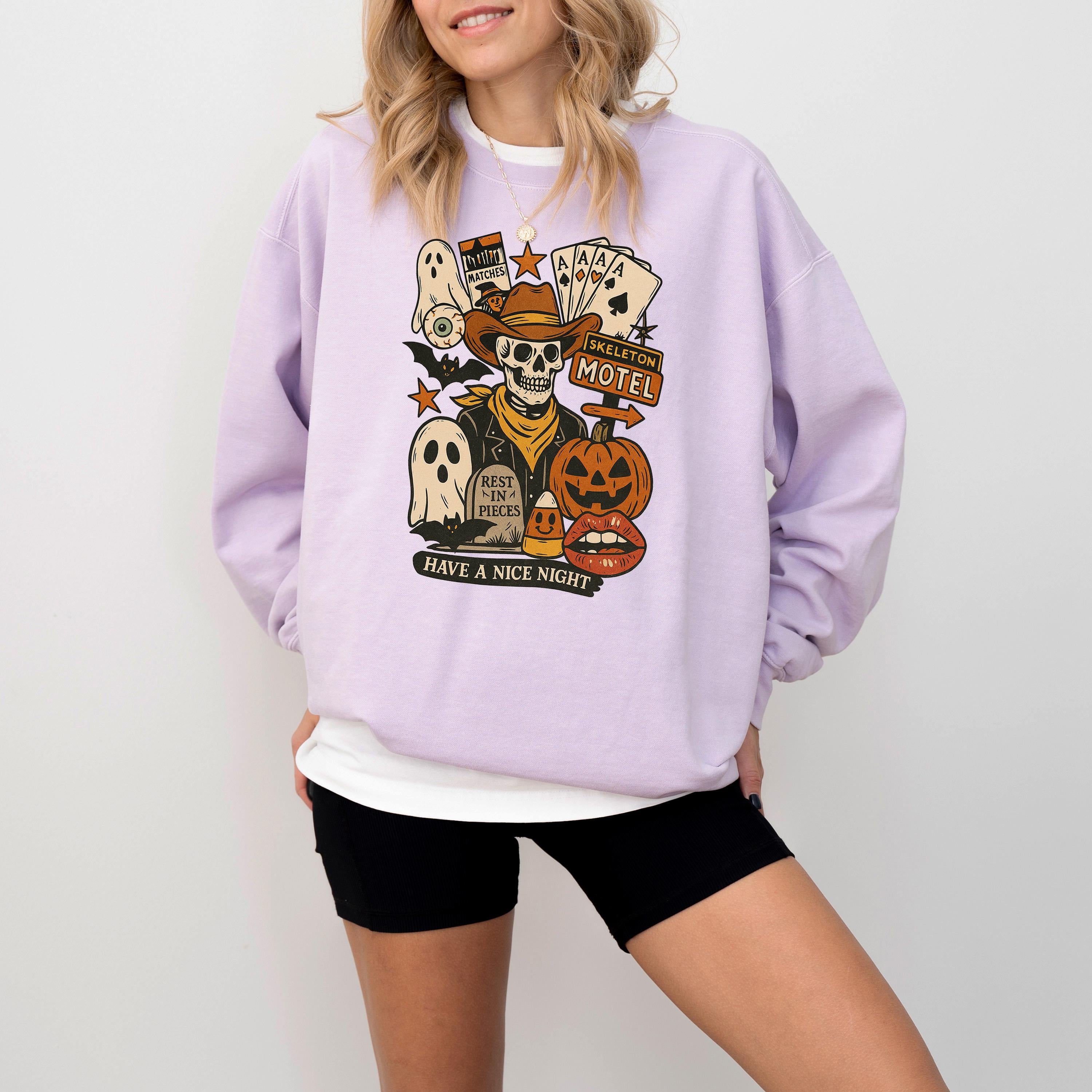 Western Halloween Comfort Colors Sweatshirt, Fall DTG Design, Jack O' Lantern Pumpkin, Autumn Sweater, Cowboy Skeleton Motel Crewneck