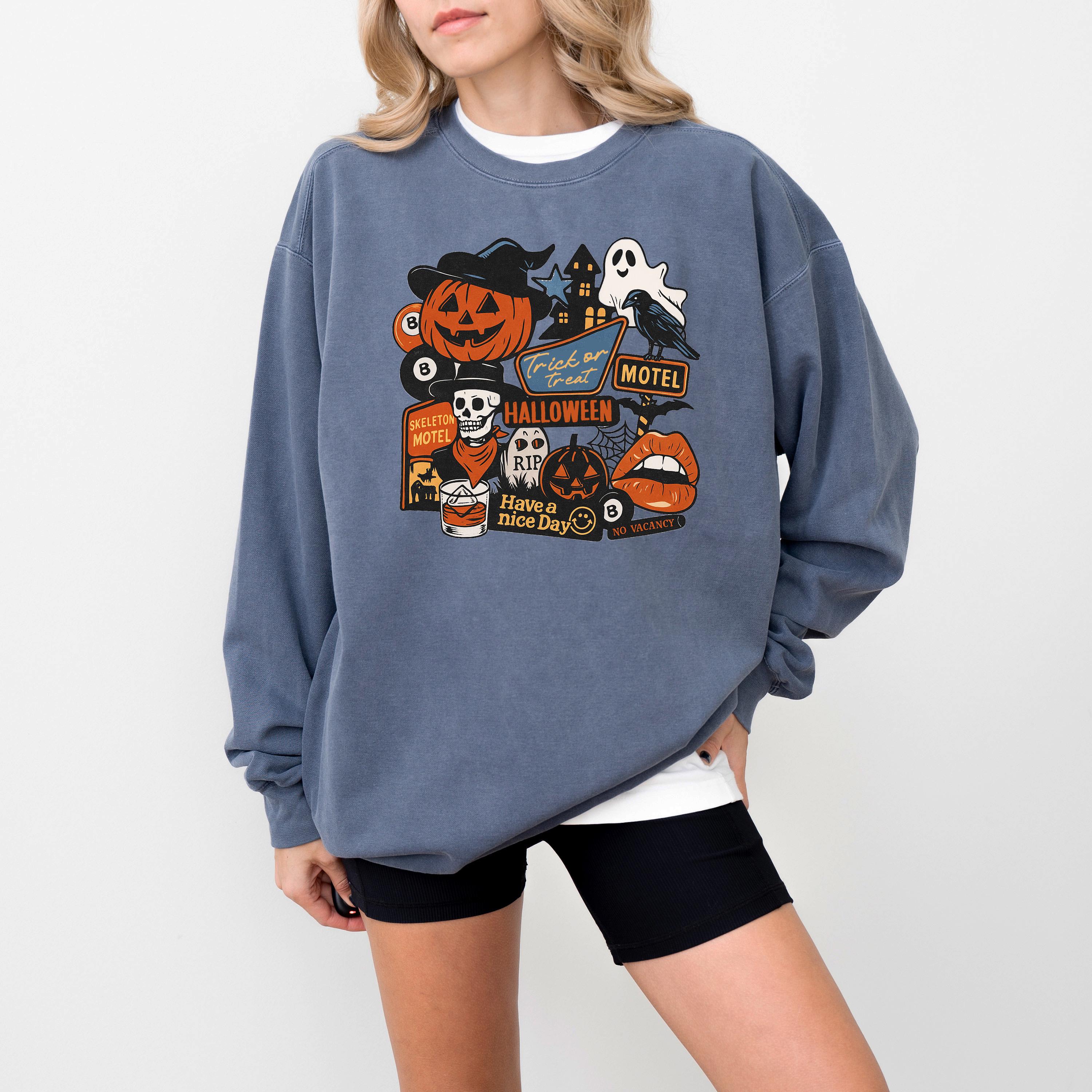 Trick or Treat Halloween Comfort Colors Sweatshirt, Fall DTG Design, Jack O' Lantern, Autumn, Spooky Crewneck, Pumpkin Spice, Witch Sweater
