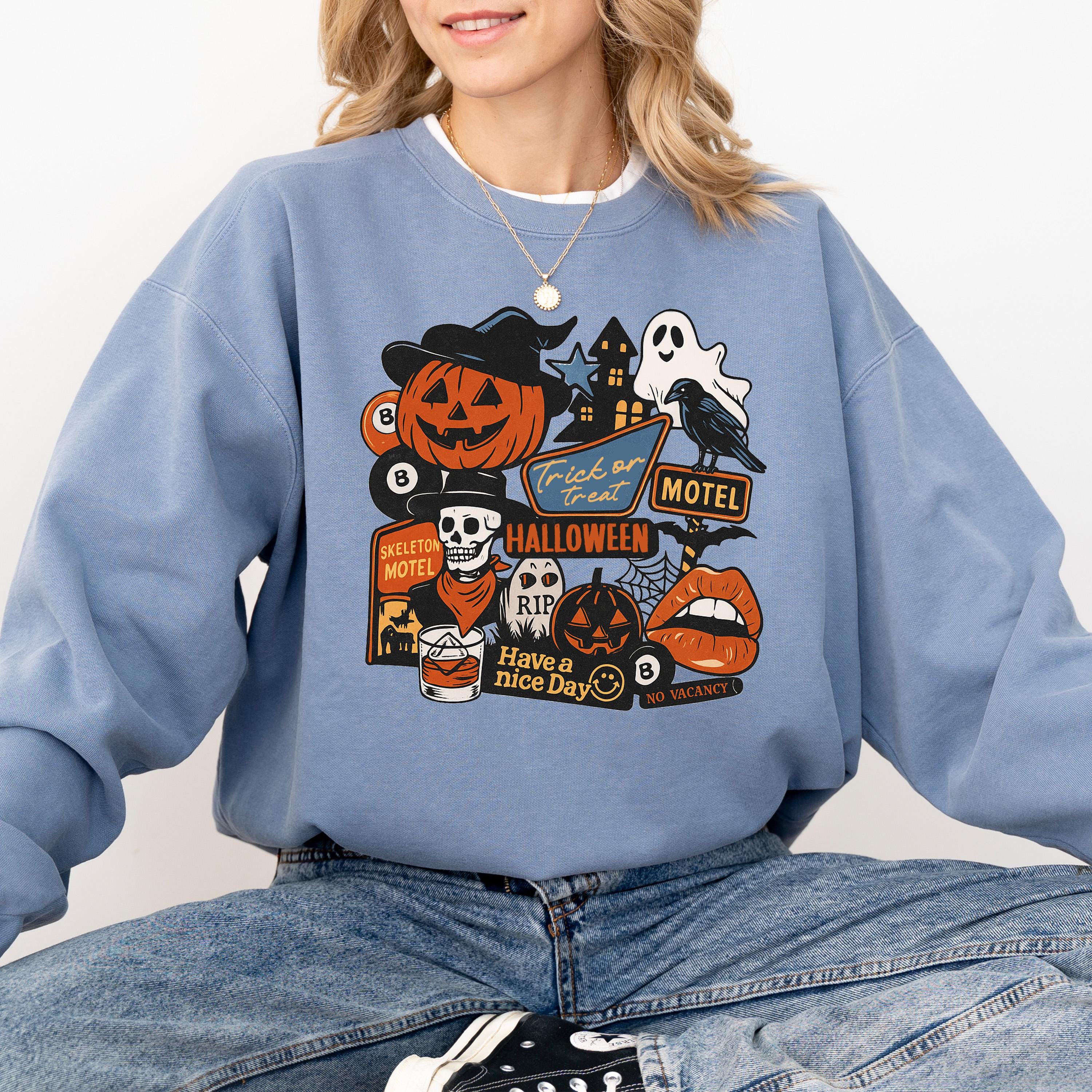 Trick or Treat Halloween Comfort Colors Sweatshirt, Fall DTG Design, Jack O' Lantern, Autumn, Spooky Crewneck, Pumpkin Spice, Witch Sweater