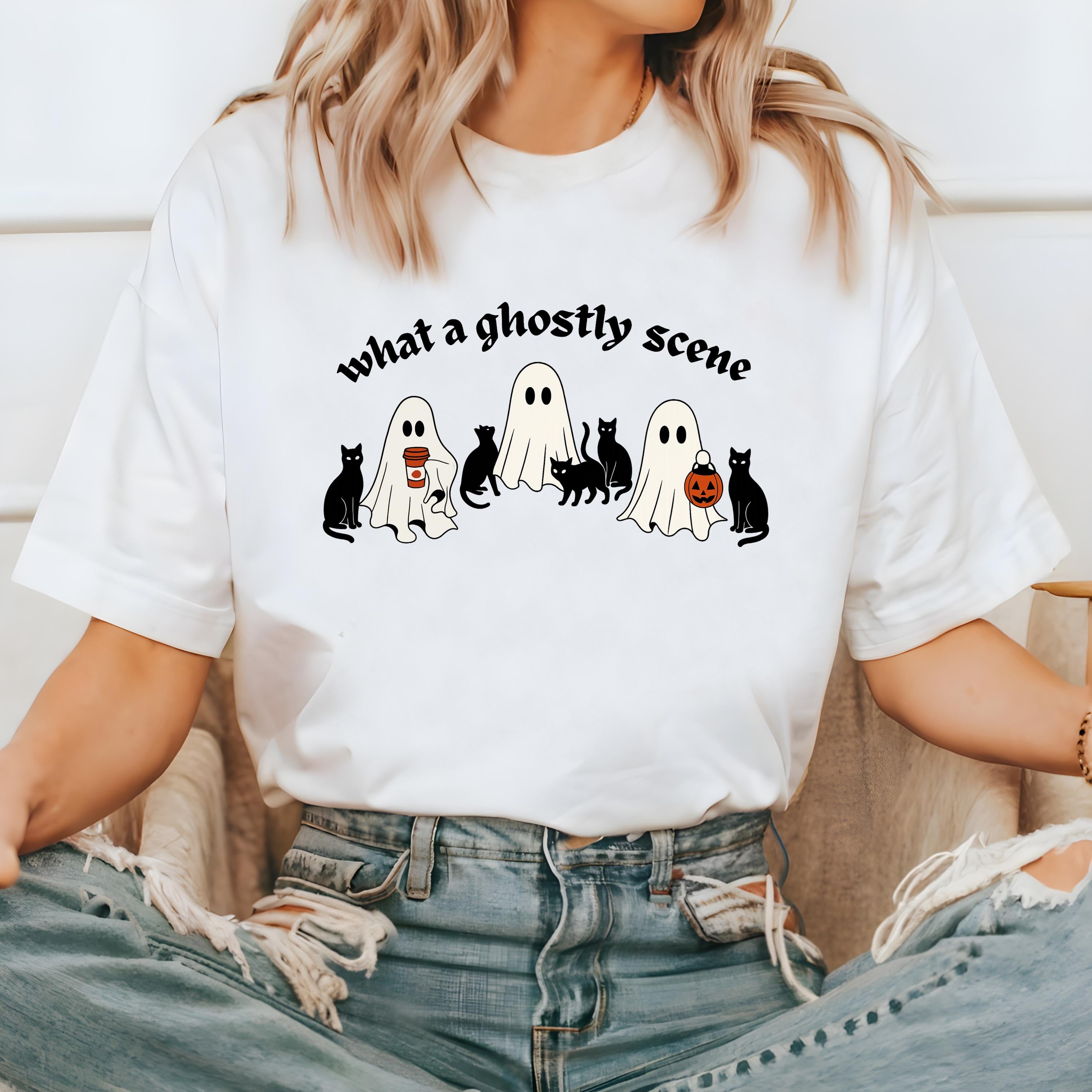 What a Ghostly Scene Halloween Comfort Colors T-shirt, Ghost T Shirt, Retro Fall Vibes Shirt, Autumn Shirt Spooky Shirt, Black Cat Design