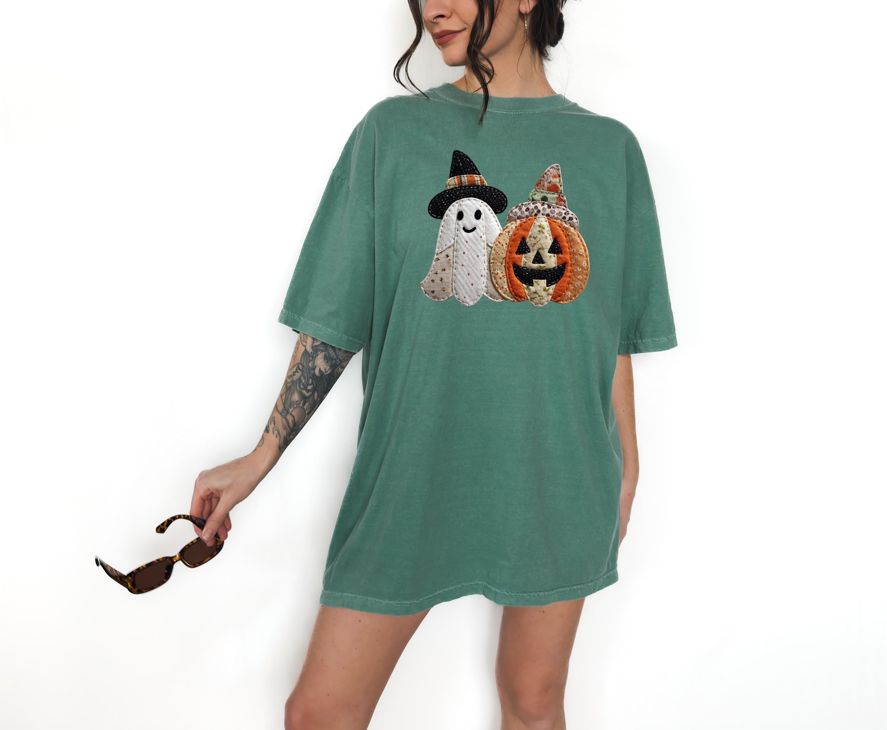 Faux Patchwork Comfort Colors Shirt, Ghost and Pumpkin Shirt, Spooky Shirt, Retro Fall Design, Unisex Autumn T