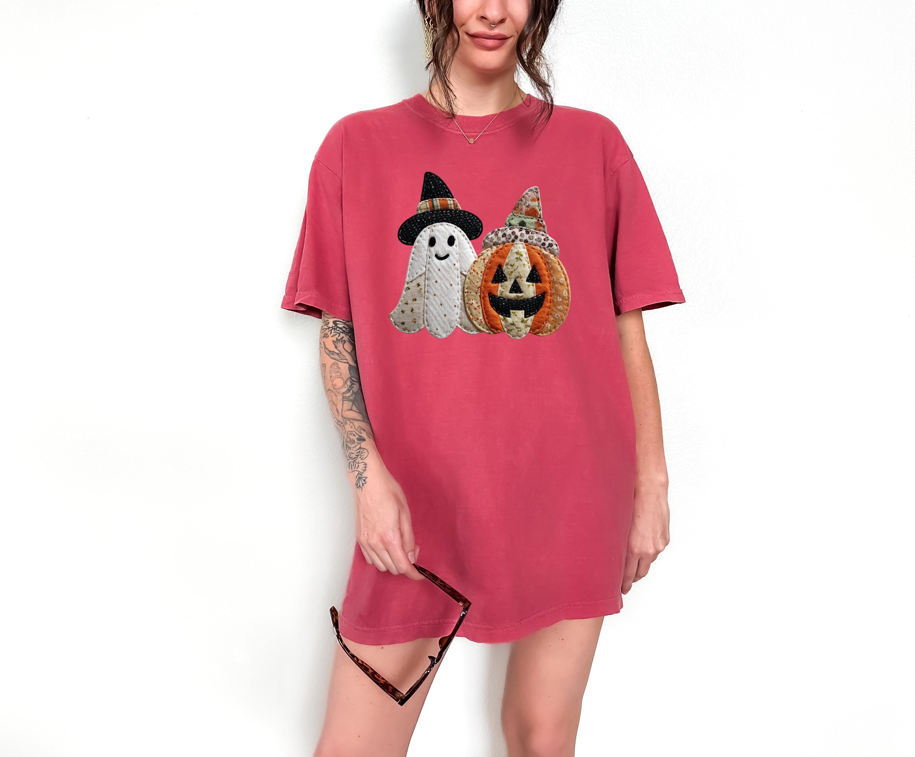 Faux Patchwork Comfort Colors Shirt, Ghost and Pumpkin Shirt, Spooky Shirt, Retro Fall Design, Unisex Autumn T