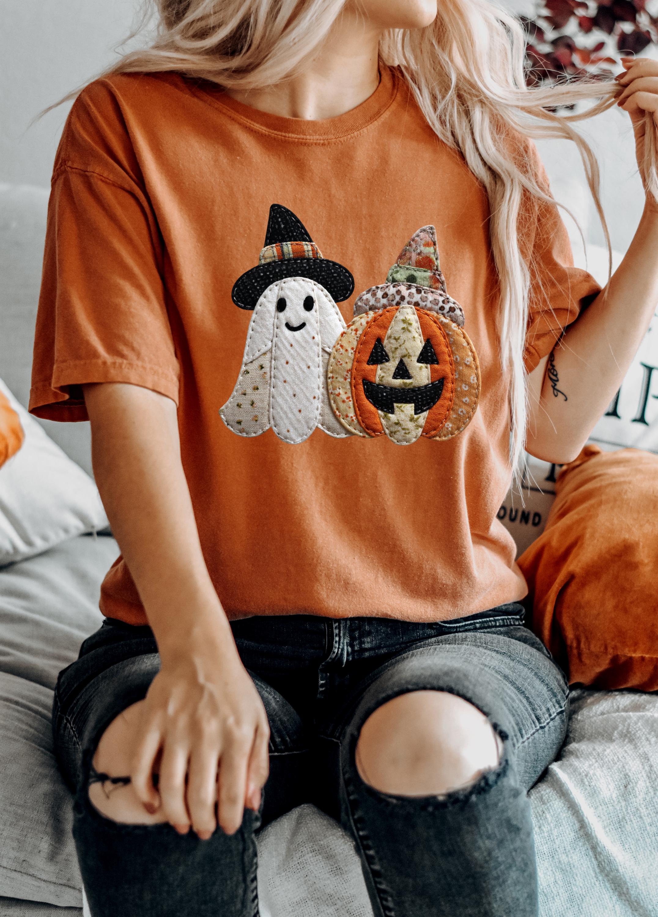 Faux Patchwork Comfort Colors Shirt, Ghost and Pumpkin Shirt, Spooky Shirt, Retro Fall Design, Unisex Autumn T