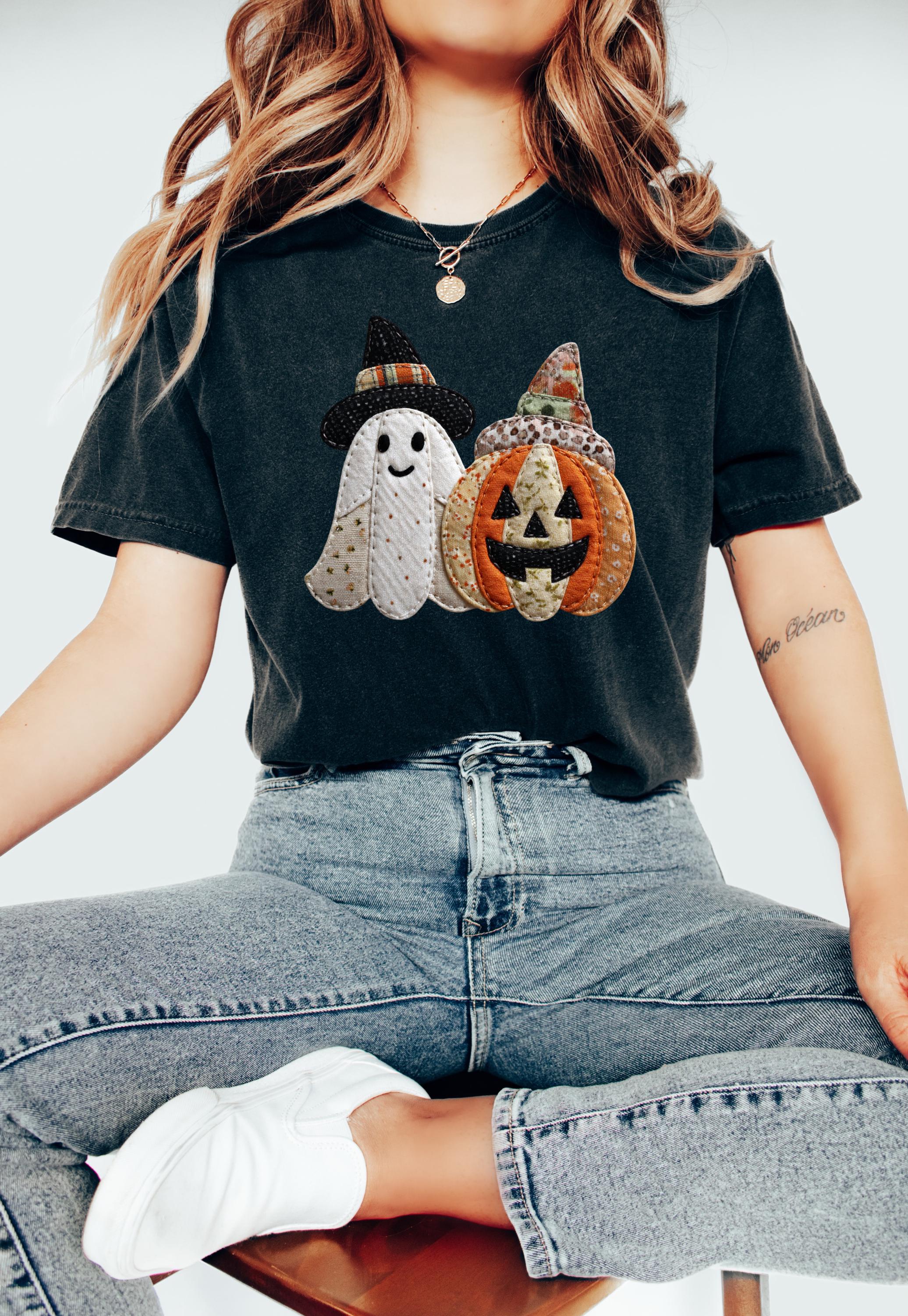Faux Patchwork Comfort Colors Shirt, Ghost and Pumpkin Shirt, Spooky Shirt, Retro Fall Design, Unisex Autumn T