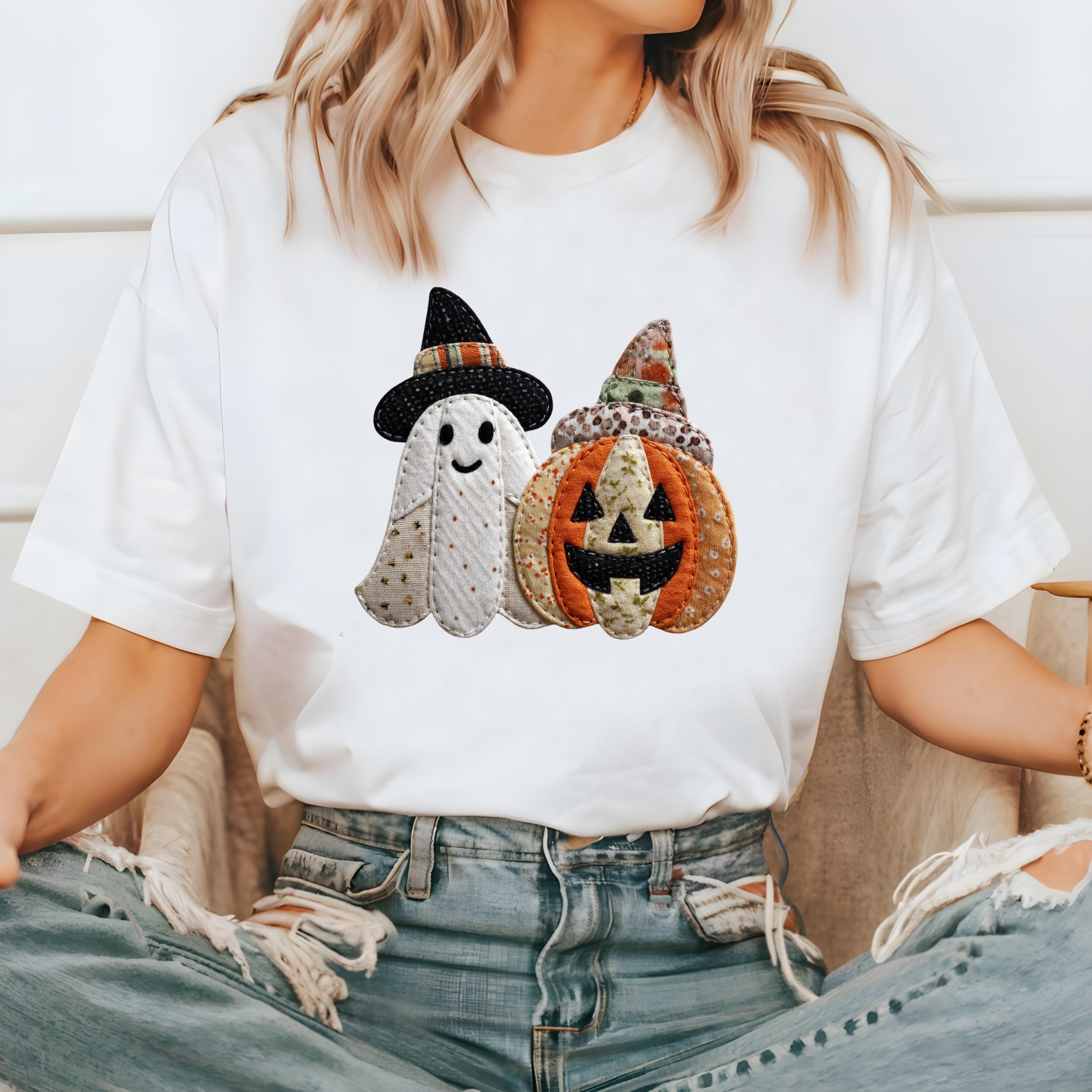 Faux Patchwork Comfort Colors Shirt, Ghost and Pumpkin Shirt, Spooky Shirt, Retro Fall Design, Unisex Autumn T