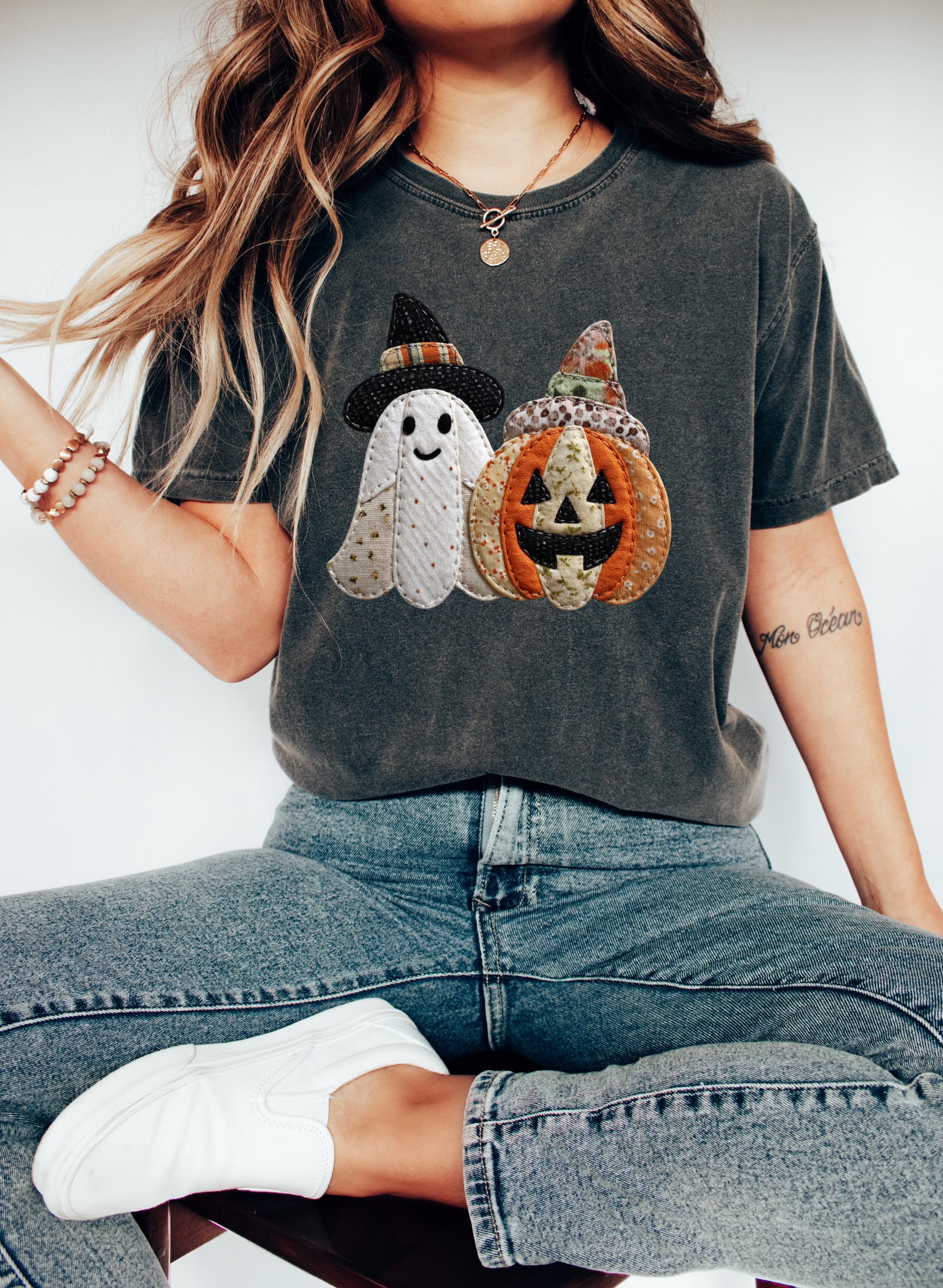Faux Patchwork Comfort Colors Shirt, Ghost and Pumpkin Shirt, Spooky Shirt, Retro Fall Design, Unisex Autumn T