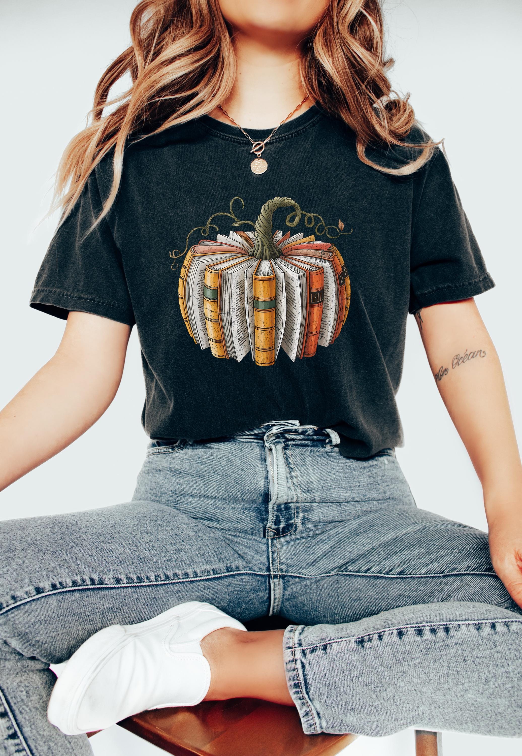 Bookish Comfort Colors T Shirt, Pumpkin Design Tshirt, Halloween shirt, Autumn Tee, Fall Tee, Thankful Pumpkin Shirt, Book Lover Crewneck