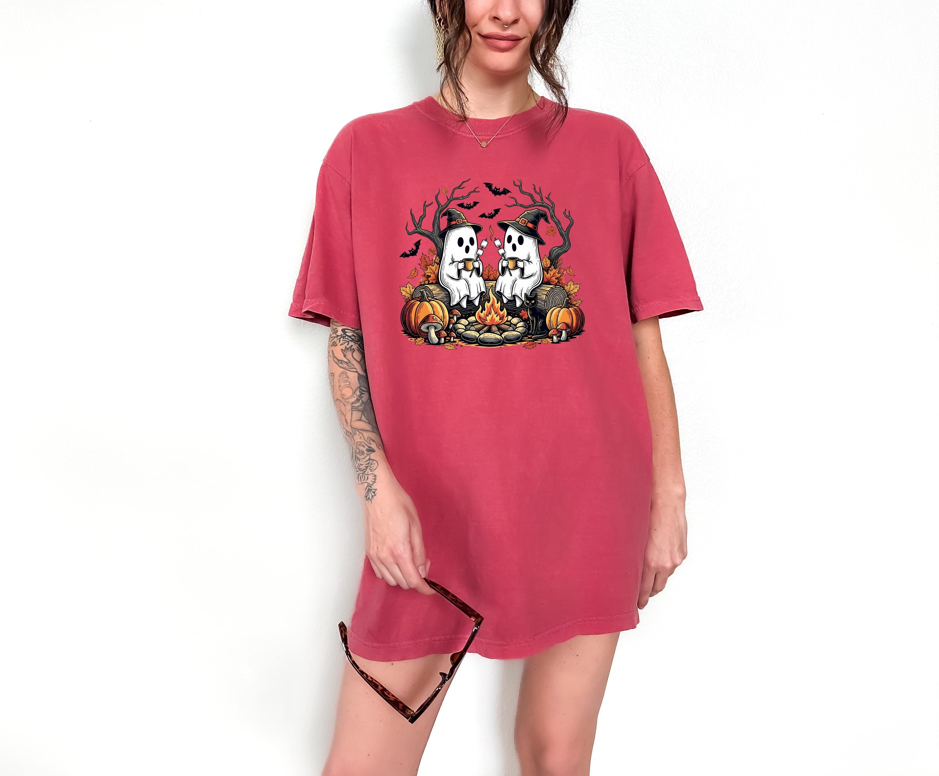 Cute Ghost Campfire Comfort Colors Shirt, Vintage Ghost With Coffee Halloween Shirt, Fall Shirt, Autumn Shirt