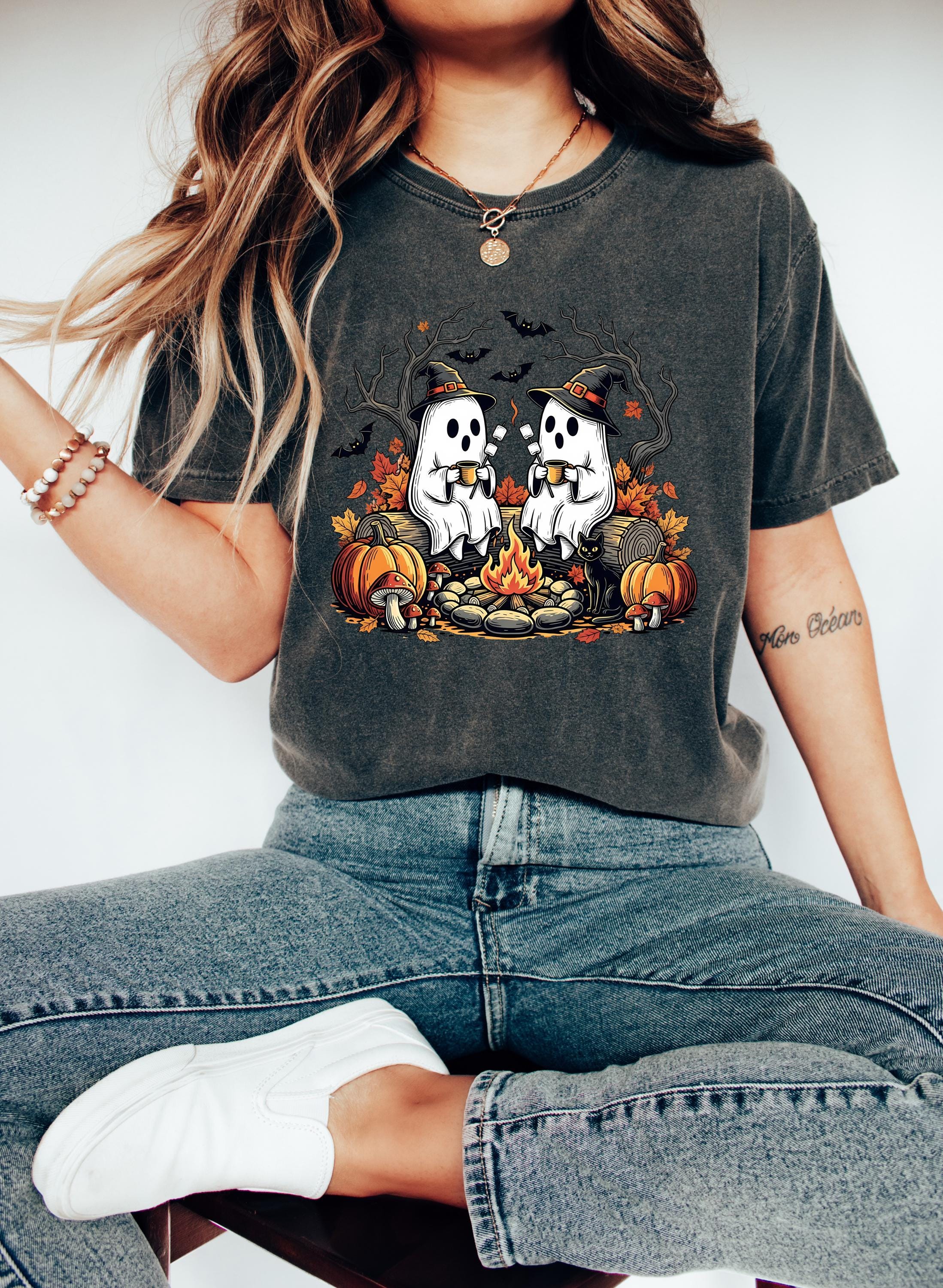 Cute Ghost Campfire Comfort Colors Shirt, Vintage Ghost With Coffee Halloween Shirt, Fall Shirt, Autumn Shirt