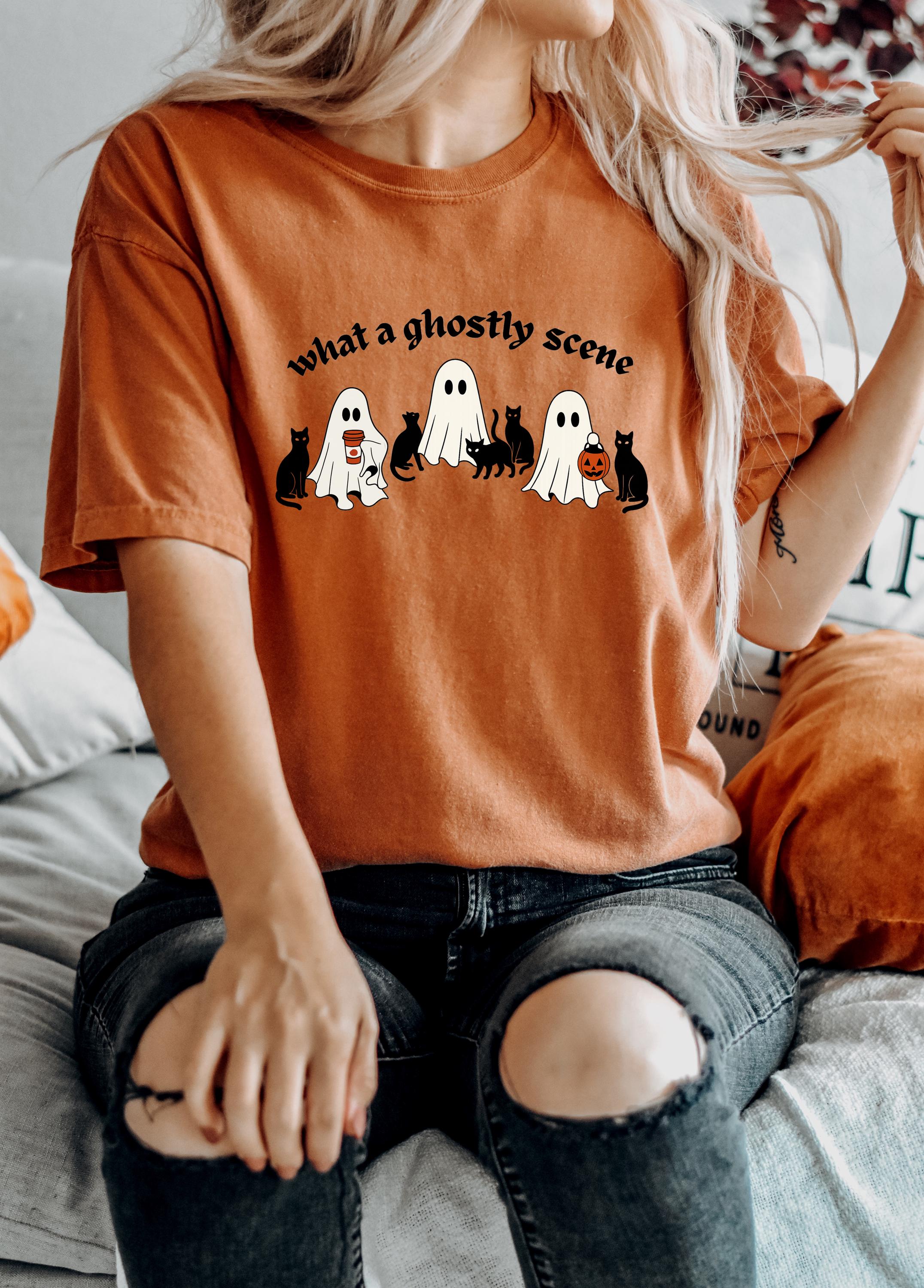 What a Ghostly Scene Halloween Comfort Colors T-shirt, Ghost T Shirt, Retro Fall Vibes Shirt, Autumn Shirt Spooky Shirt, Black Cat Design