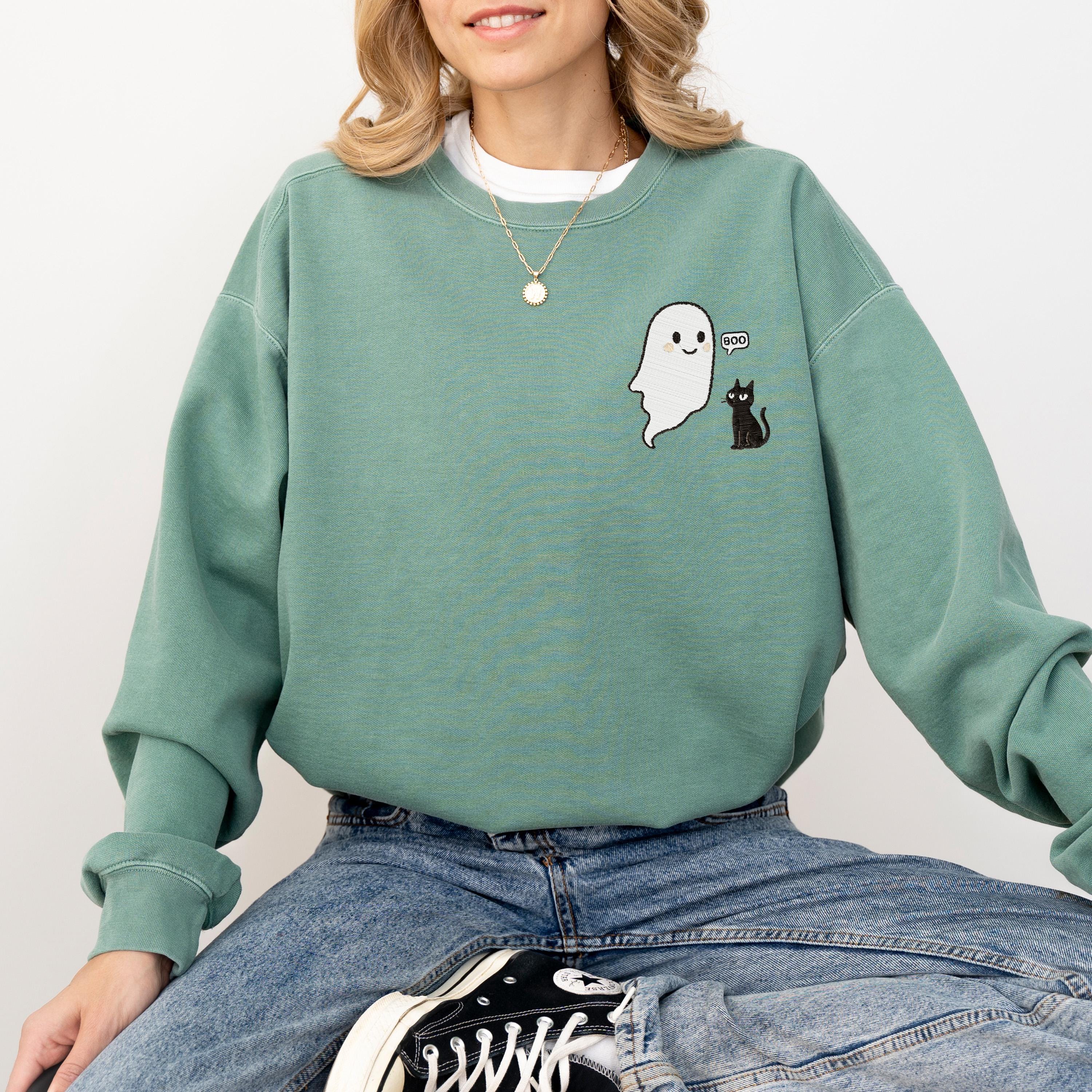 Glow in the Dark Embroidery, Ghost and Black Cat, Comfort Colors Sweatshirt, Spooky Halloween Crewneck, Glow in the dark Embroidered Ghost