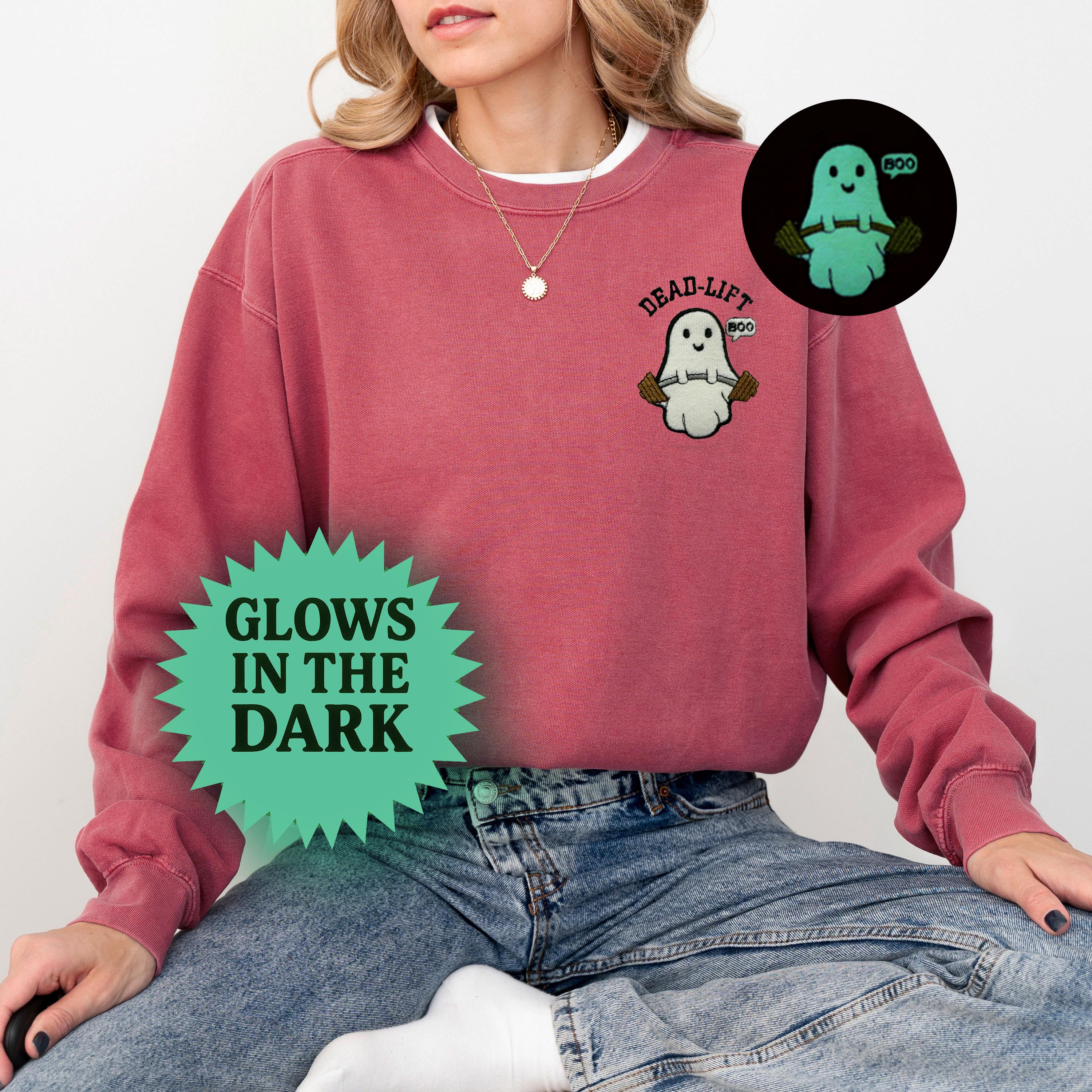 Glow in the Dark Embroidery, Dead Lift Cute Ghost, Comfort Colors Sweatshirt, Spooky Halloween Crewneck, Glow in the dark Embroidered Ghost