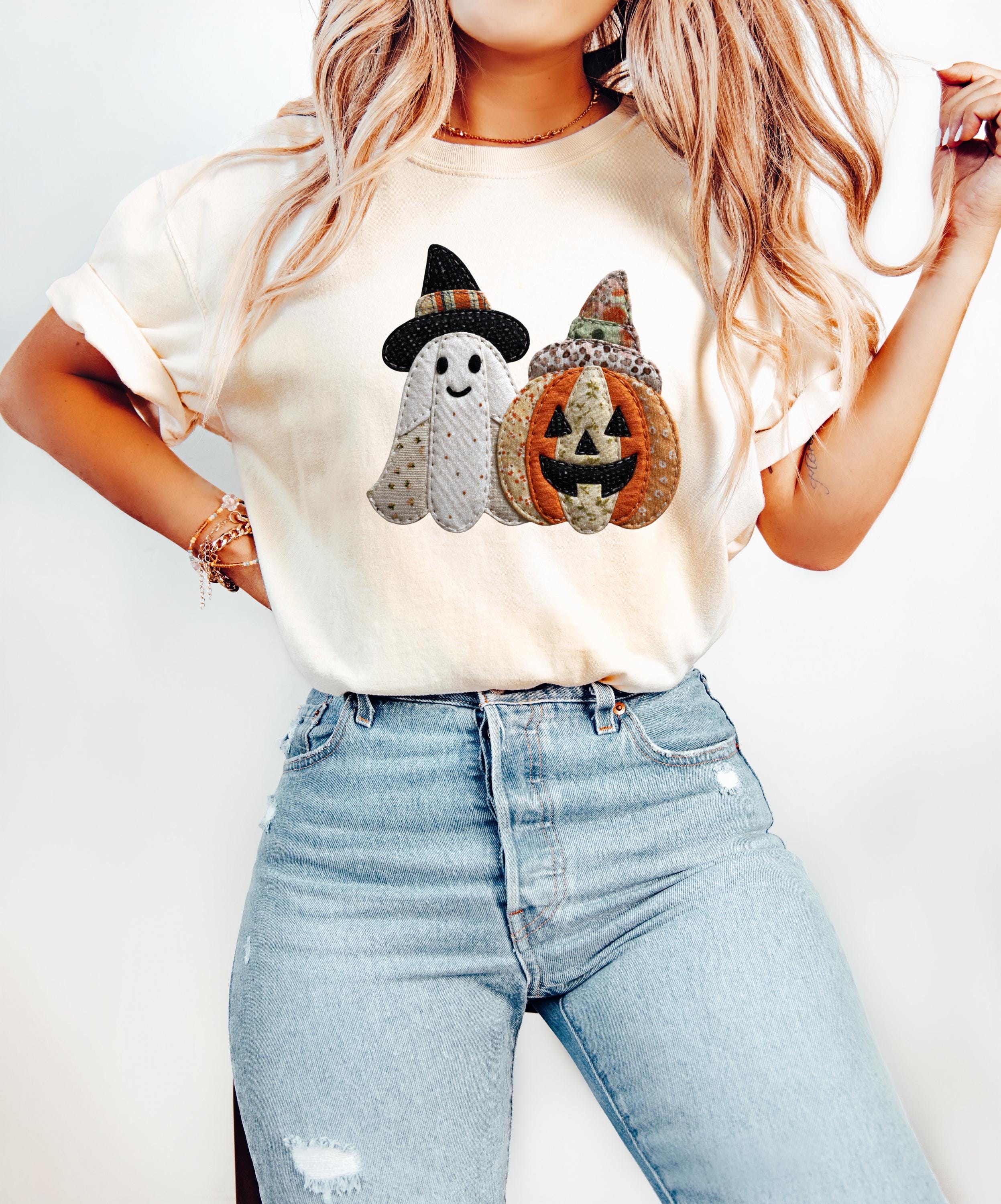 Faux Patchwork Comfort Colors Shirt, Ghost and Pumpkin Shirt, Spooky Shirt, Retro Fall Design, Unisex Autumn T