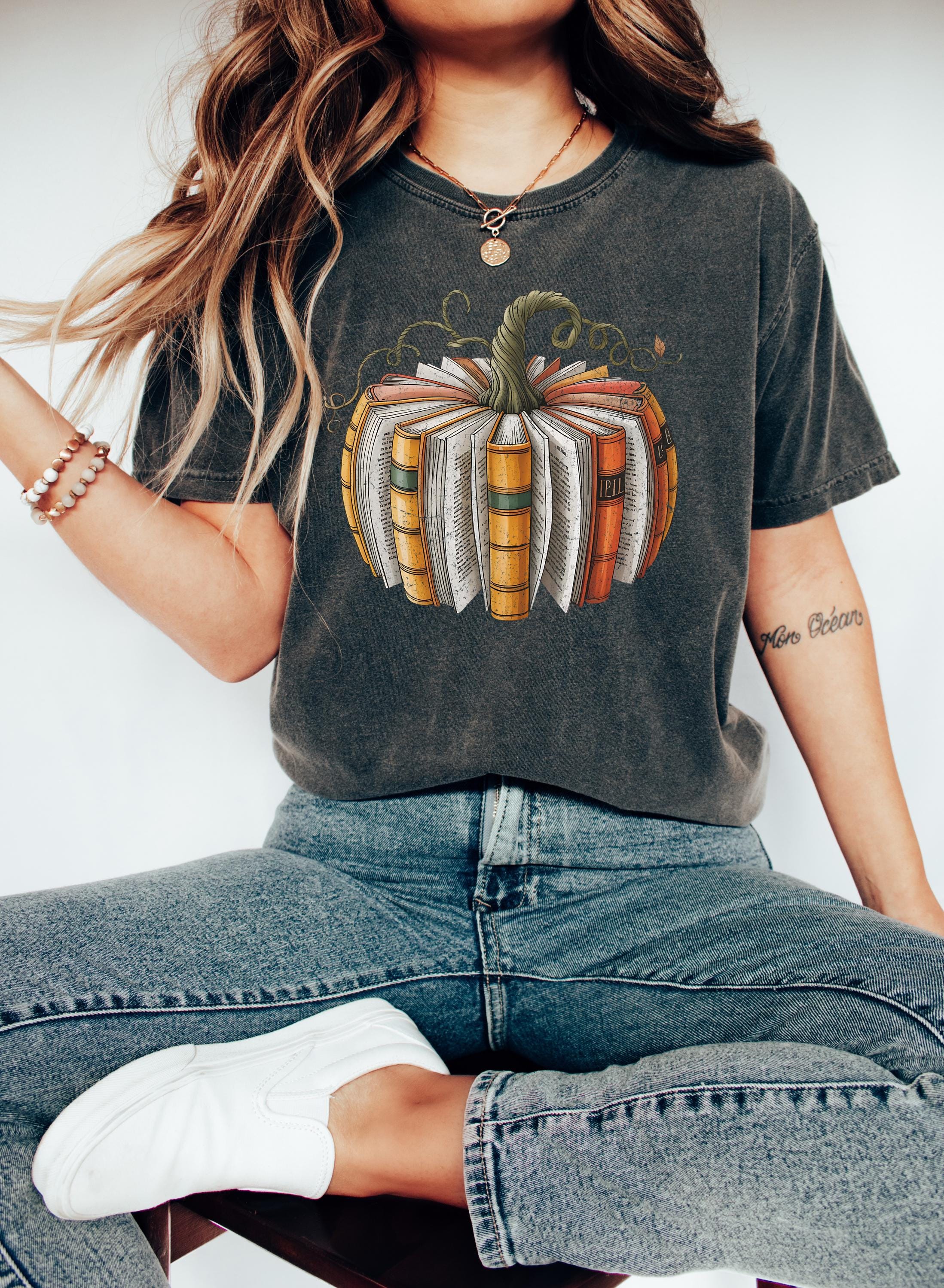 Bookish Comfort Colors T Shirt, Pumpkin Design Tshirt, Halloween shirt, Autumn Tee, Fall Tee, Thankful Pumpkin Shirt, Book Lover Crewneck