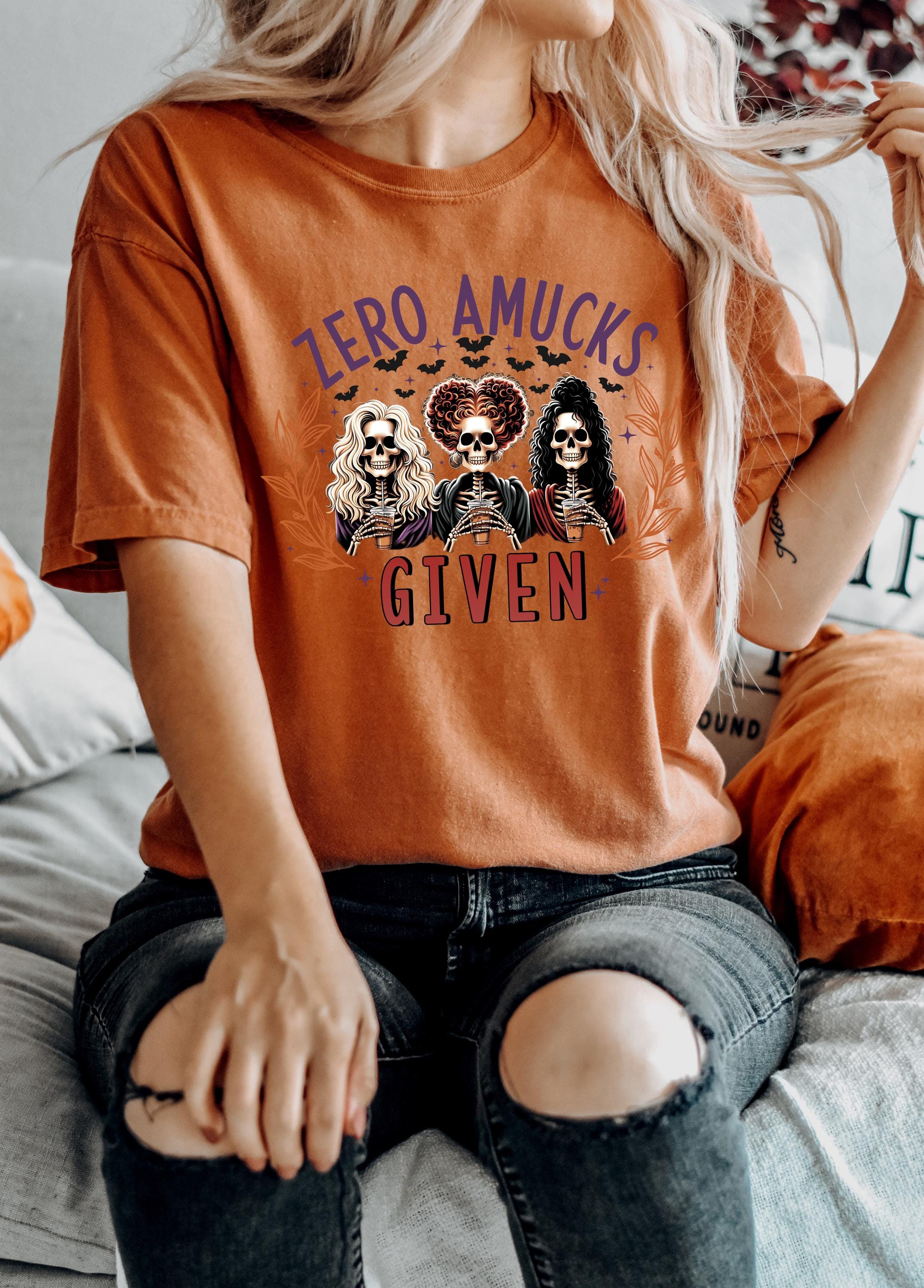 Zero Amucks Given Halloween Comfort Colors Shirt, Skeleton Shirt, Spooky Witch Shirt, Retro Fall T-Shirt, Boxy Tee, Unisex Autumn T