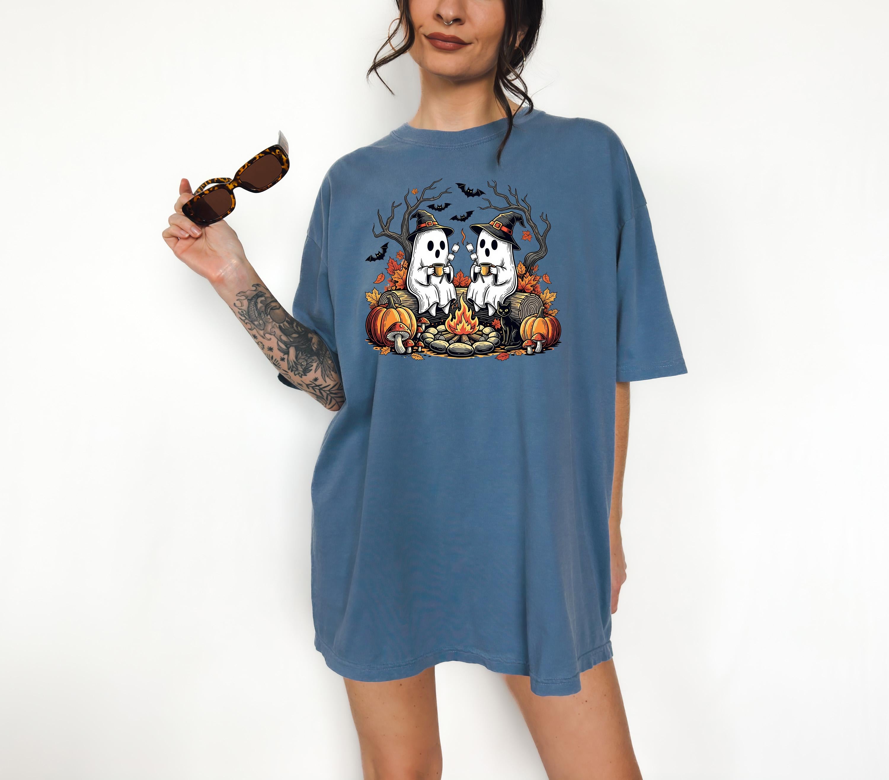 Cute Ghost Campfire Comfort Colors Shirt, Vintage Ghost With Coffee Halloween Shirt, Fall Shirt, Autumn Shirt