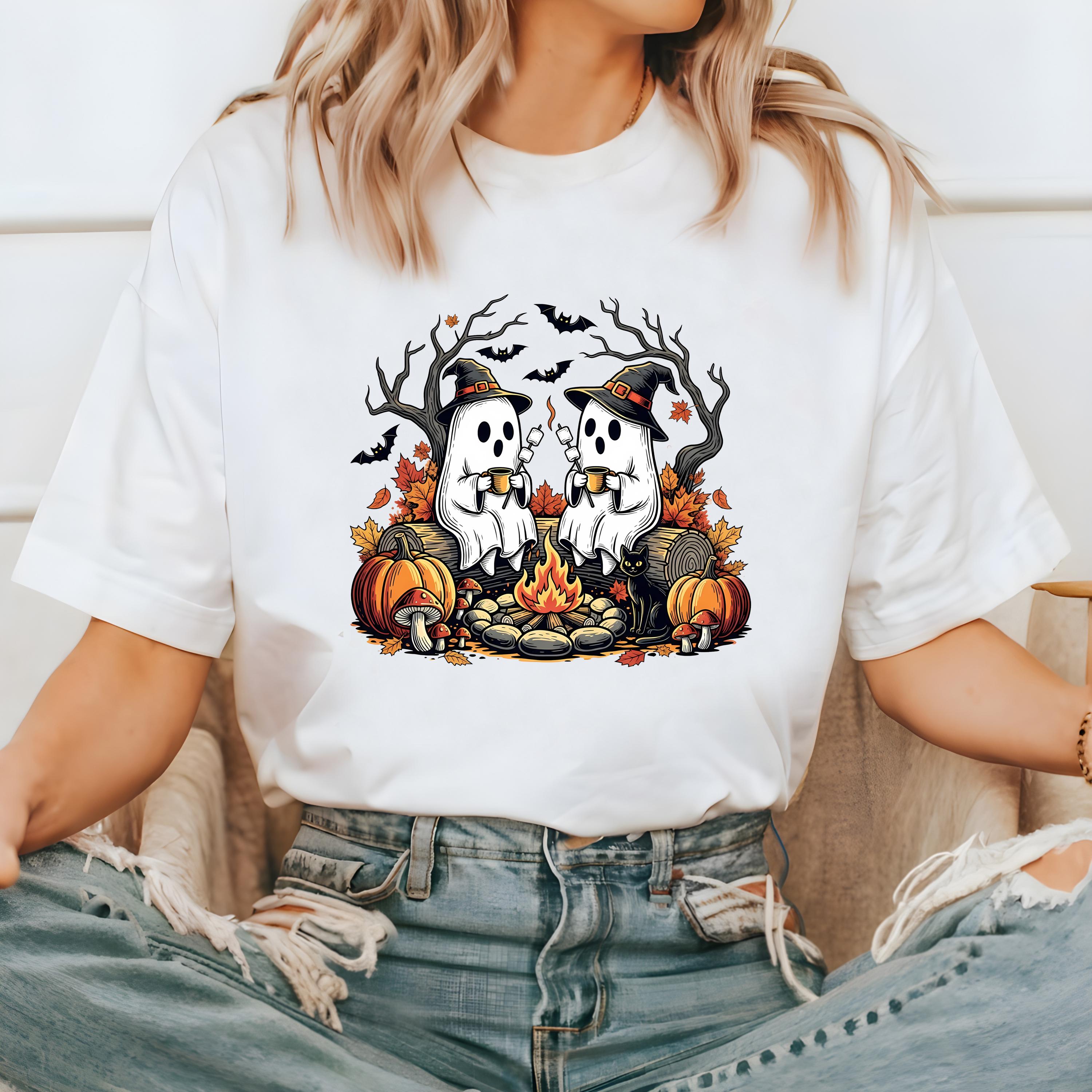Cute Ghost Campfire Comfort Colors Shirt, Vintage Ghost With Coffee Halloween Shirt, Fall Shirt, Autumn Shirt
