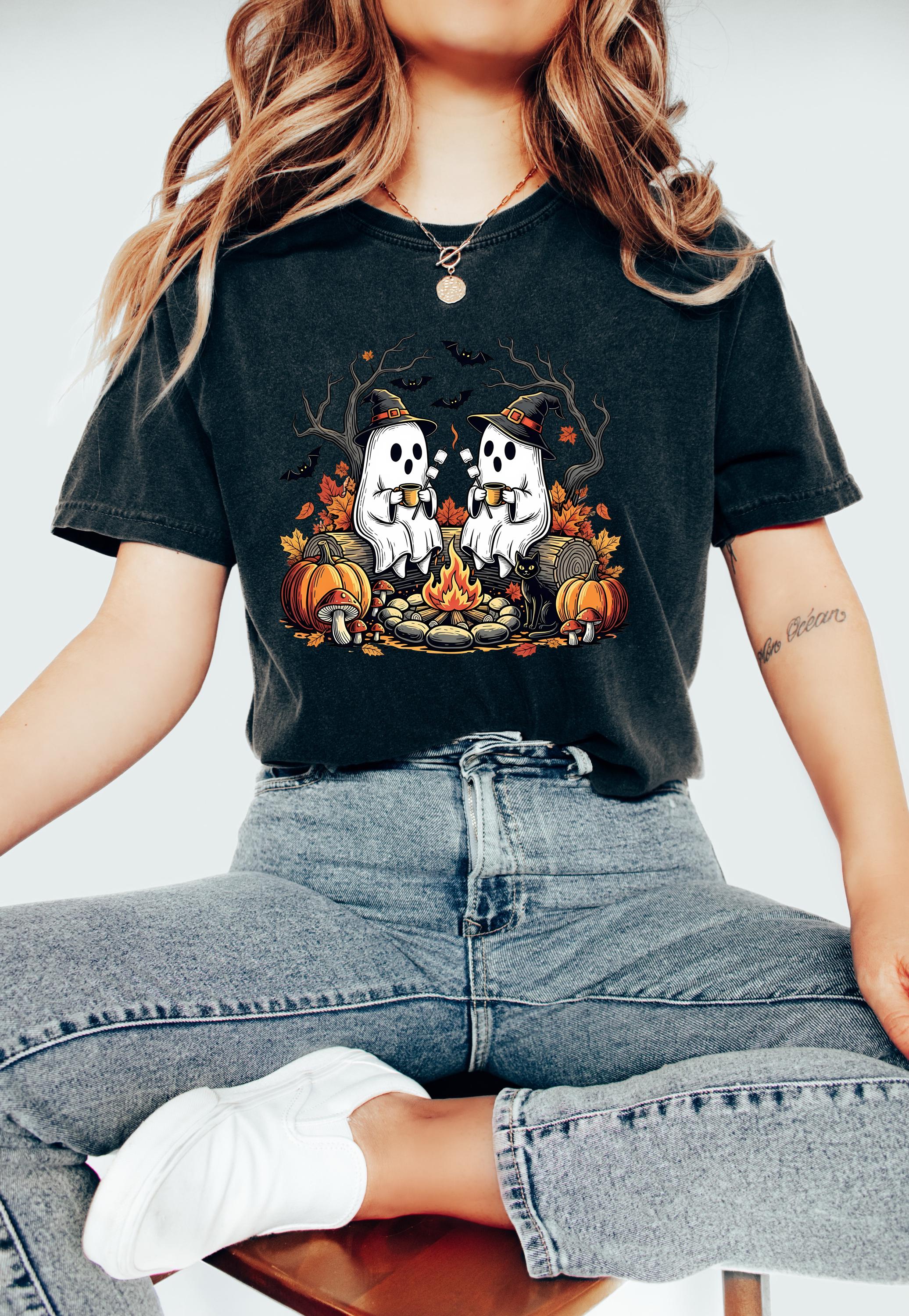 Cute Ghost Campfire Comfort Colors Shirt, Vintage Ghost With Coffee Halloween Shirt, Fall Shirt, Autumn Shirt