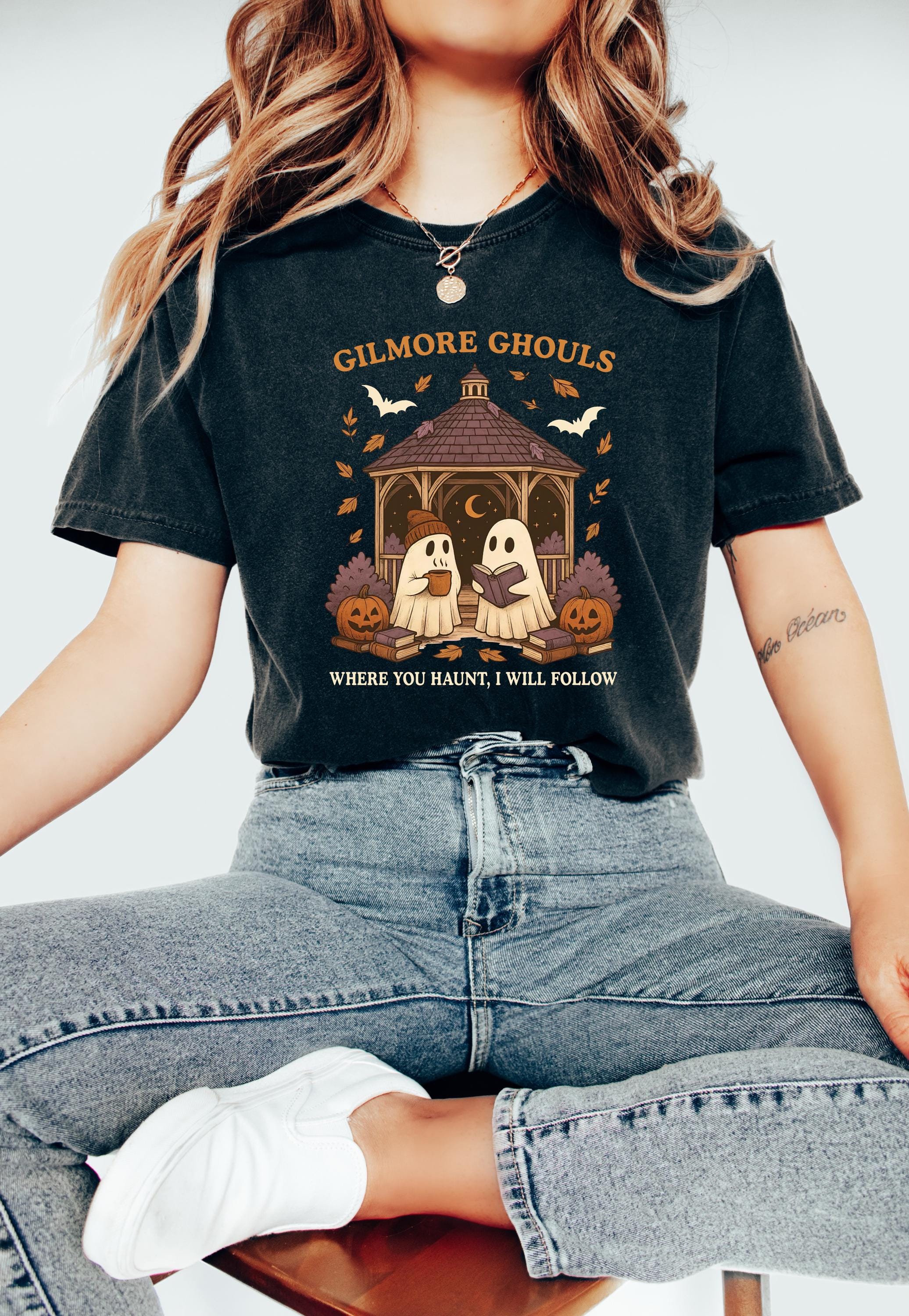 Gilmore Ghouls Comfort Colors Shirt, Vintage Ghost With Coffee Halloween Shirt, Fall Shirt, Autumn Shirt, Where You Haunt I Will Fallow