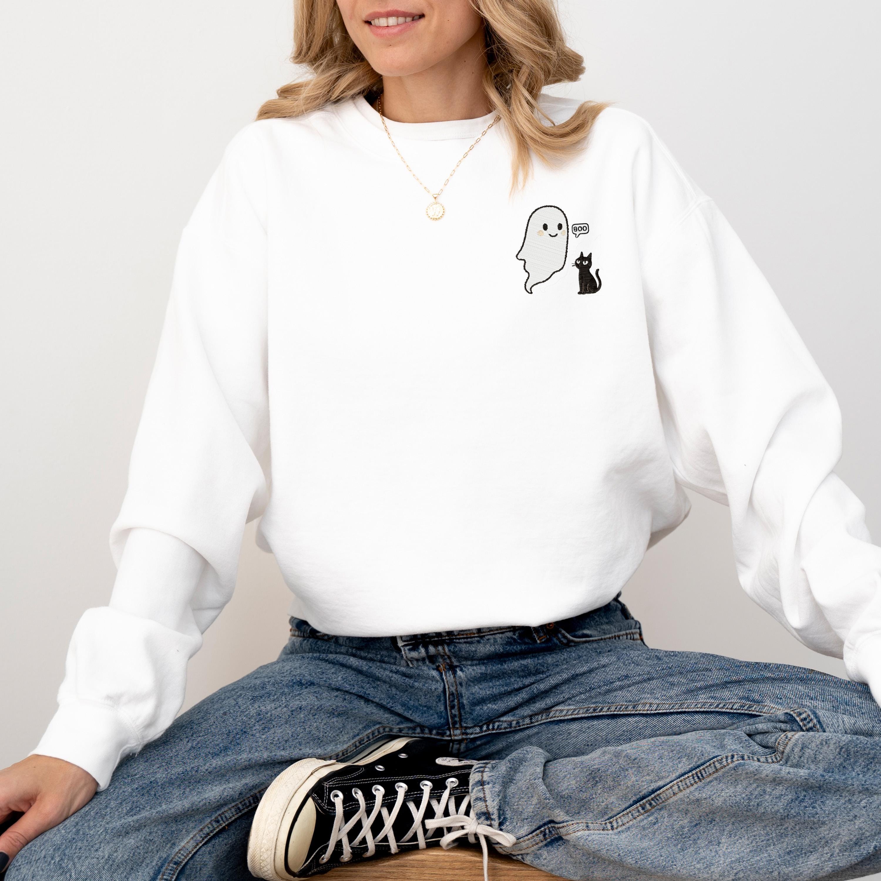 Glow in the Dark Embroidery, Ghost and Black Cat, Comfort Colors Sweatshirt, Spooky Halloween Crewneck, Glow in the dark Embroidered Ghost