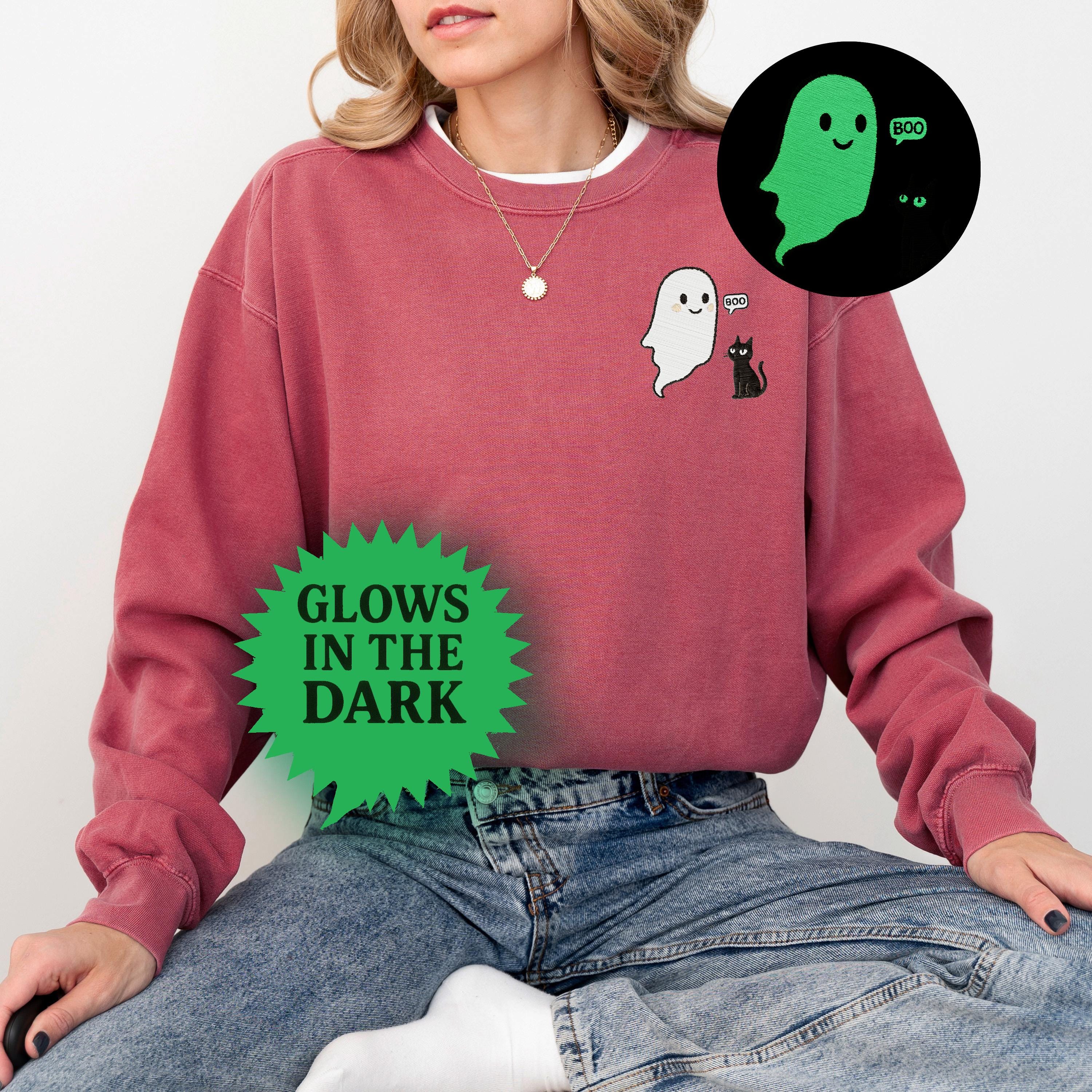 Glow in the Dark Embroidery, Ghost and Black Cat, Comfort Colors Sweatshirt, Spooky Halloween Crewneck, Glow in the dark Embroidered Ghost