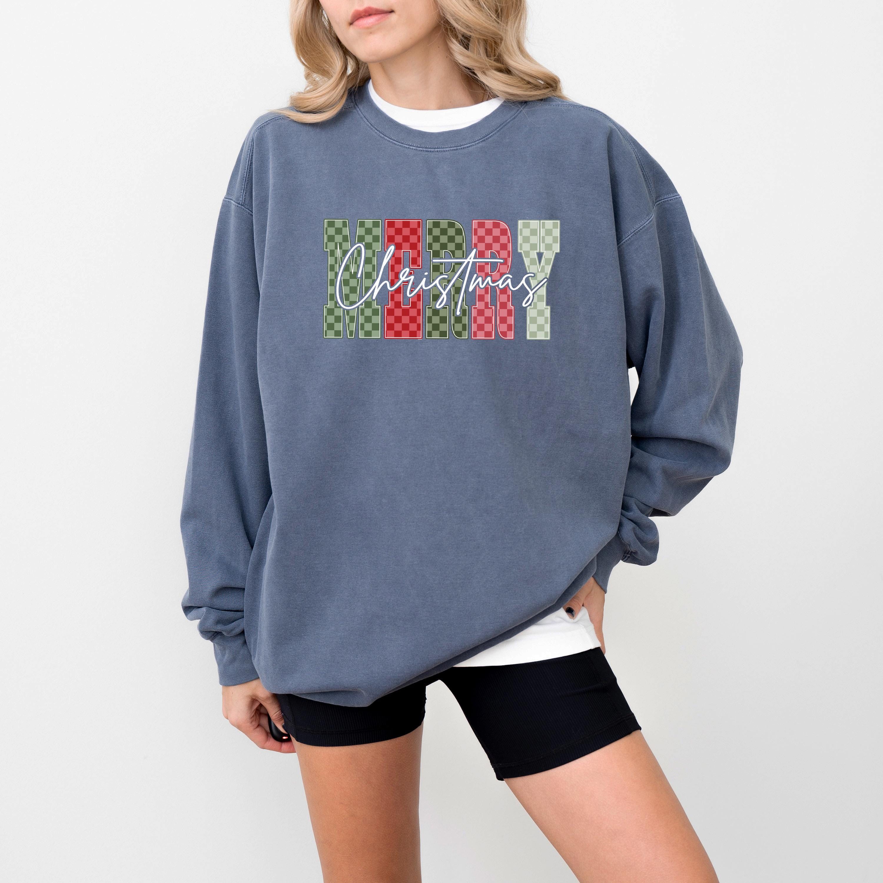 Checkered Merry Christmas Comfort Colors Sweatshirt: Retro Santa Christmas Sweater, Nostalgic Christmas, Girly Vintage Holiday Crewneck