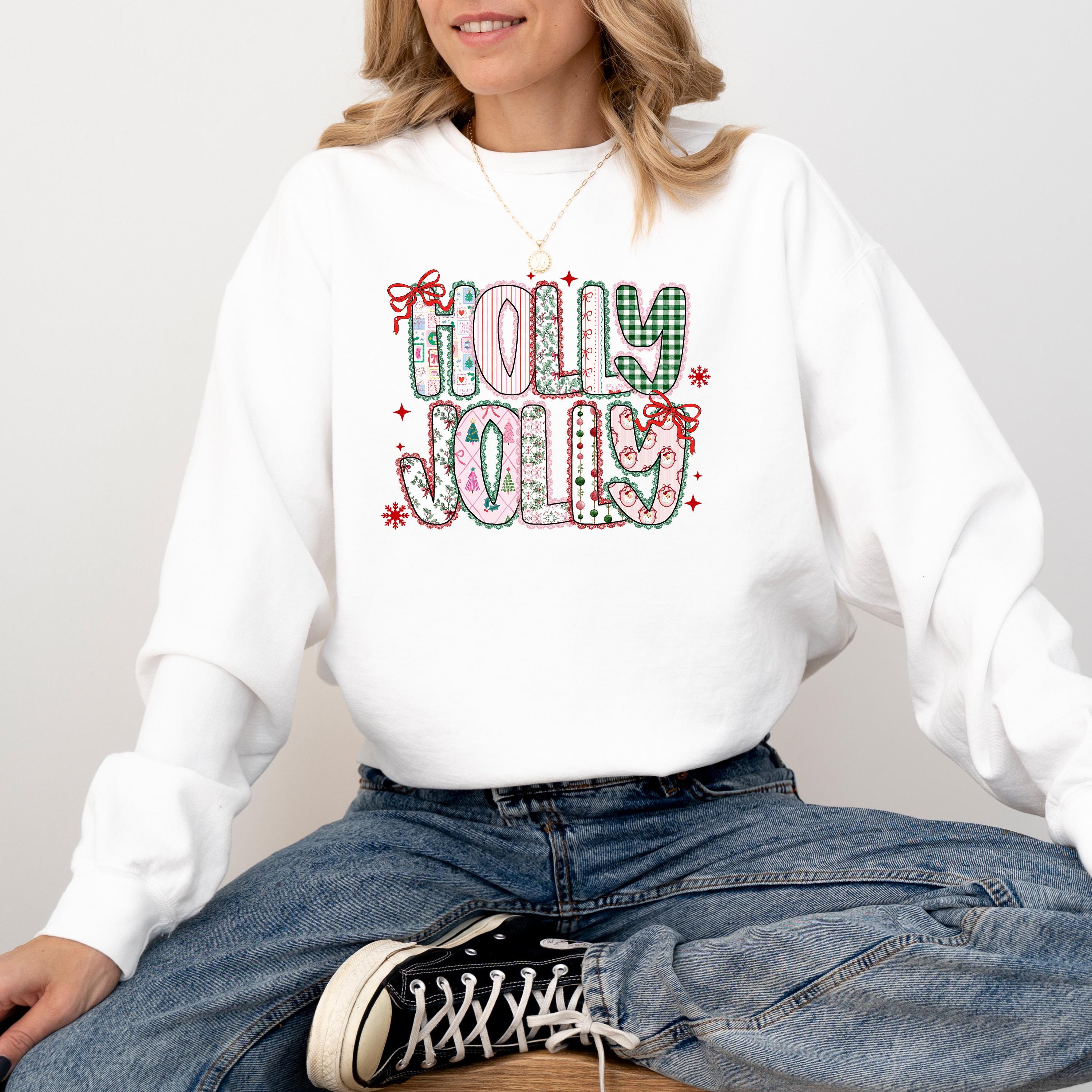 Holly Jolly Comfort Colors Sweatshirt: Girly Christmas Sweater, Unisex Vintage Holiday Crewneck, Santa Christmas Tree Bow Design