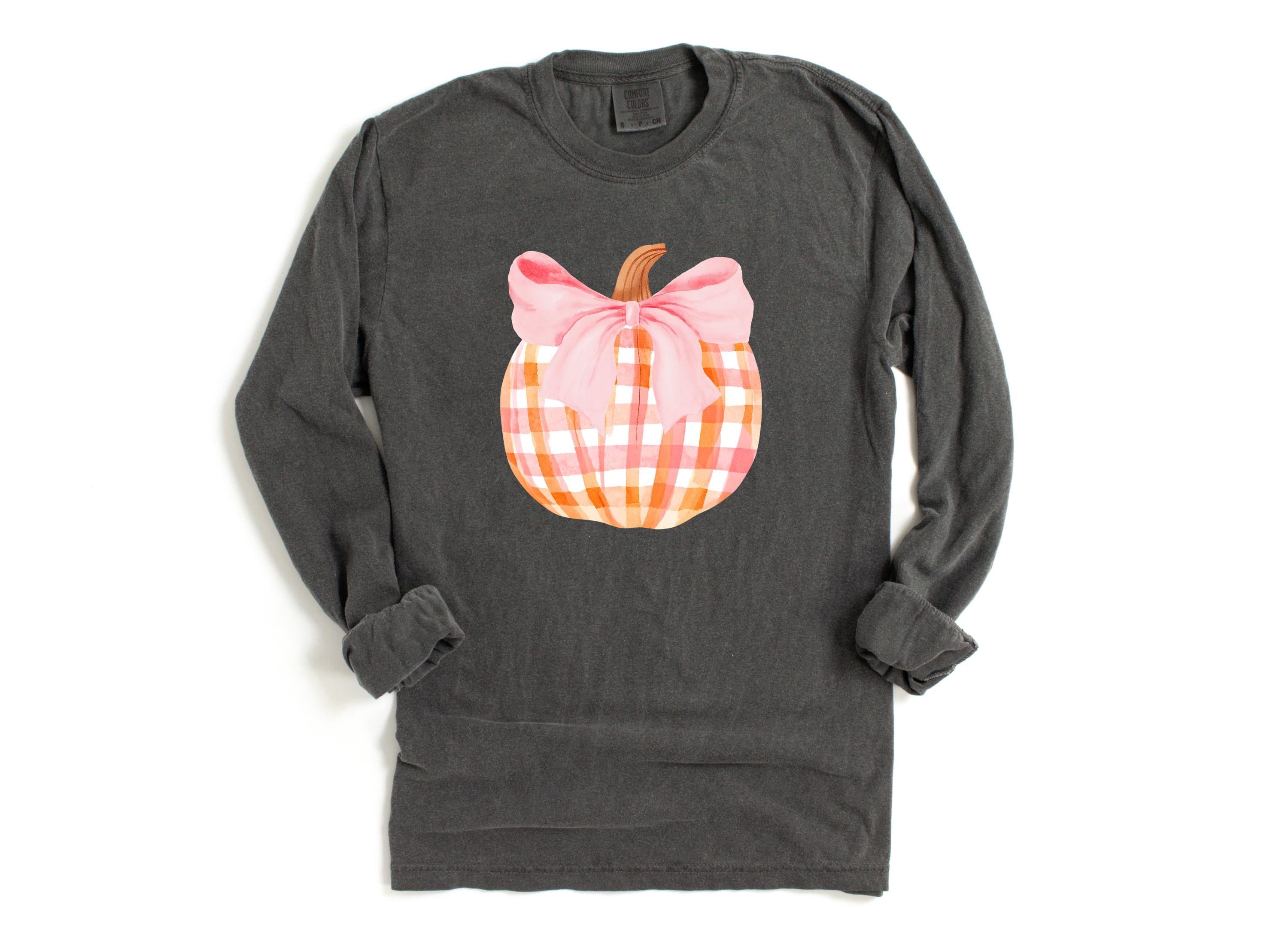 Long Sleeve Retro Fall Comfort Colors Shirt, Pink Plaid Pumpkin Design