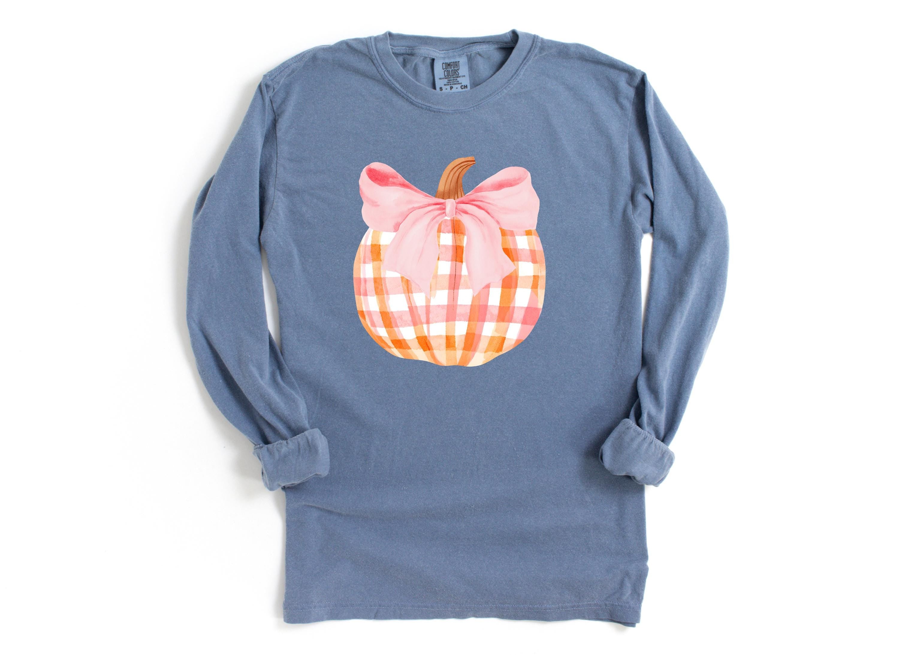 Long Sleeve Retro Fall Comfort Colors Shirt, Pink Plaid Pumpkin Design