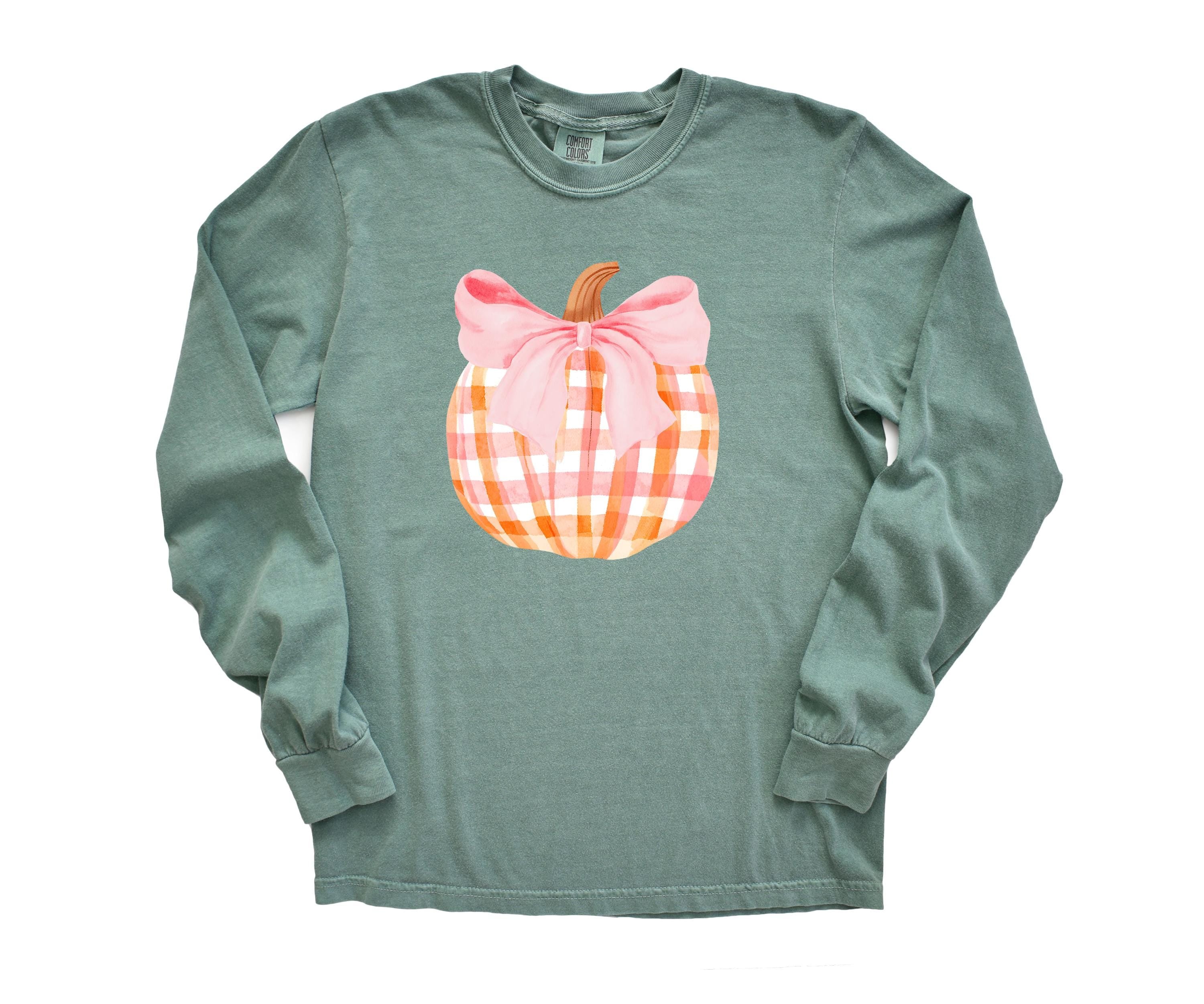 Long Sleeve Retro Fall Comfort Colors Shirt, Pink Plaid Pumpkin Design