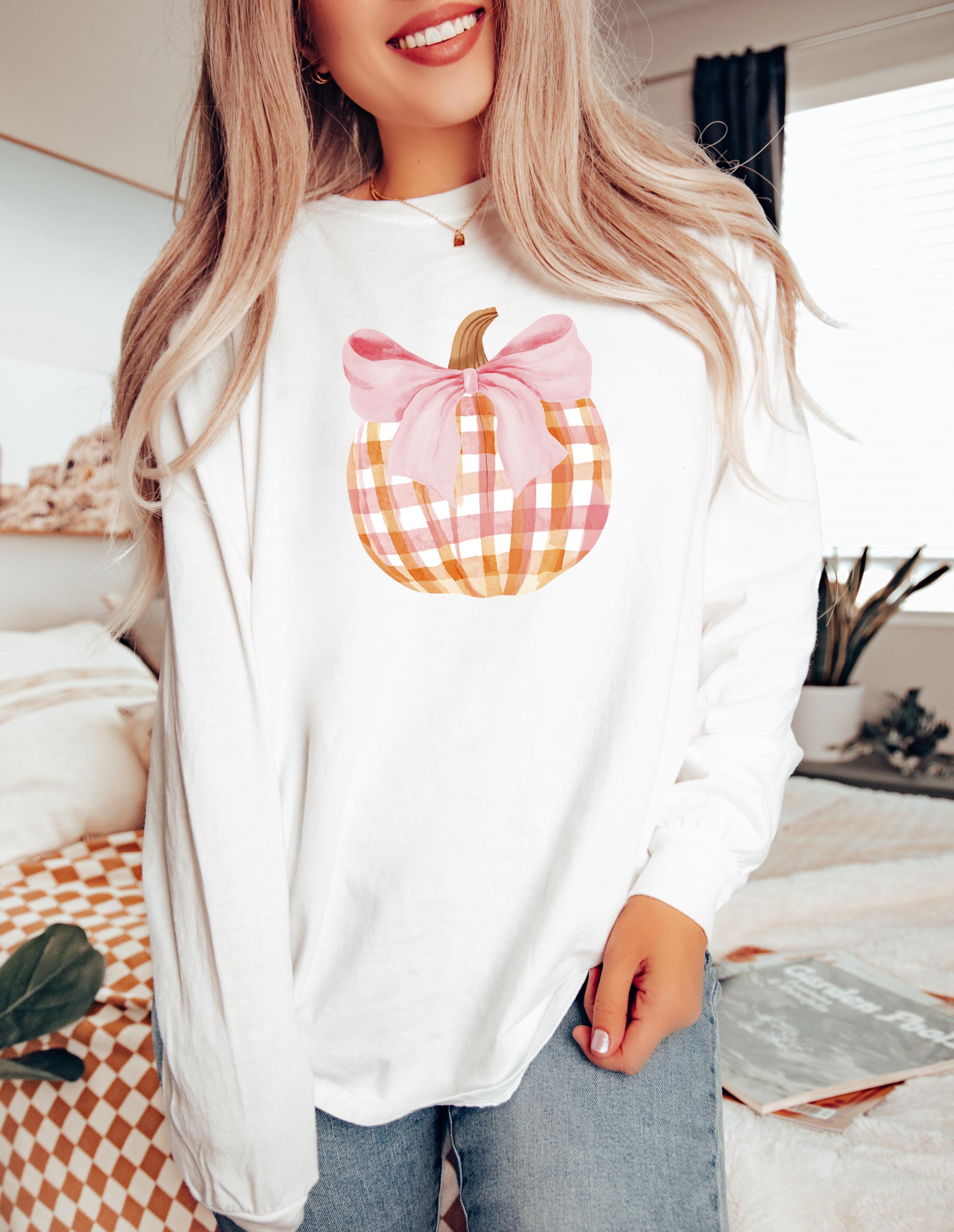 Long Sleeve Retro Fall Comfort Colors Shirt, Pink Plaid Pumpkin Design